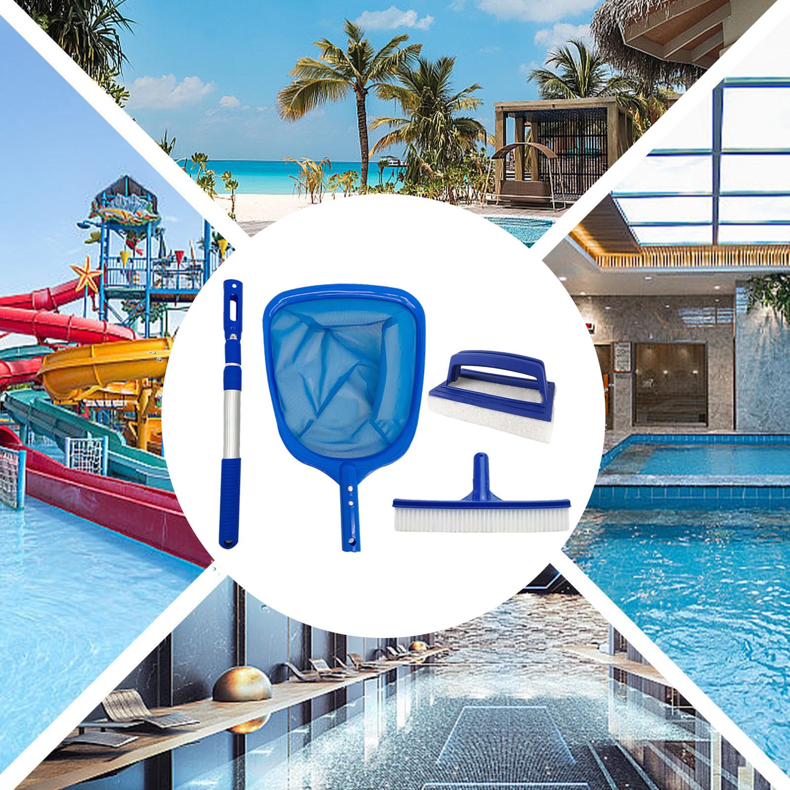 4 Kit De Nettoyage De Piscine, Filet De NettoyageDe Piscine avec Poteau Réglable, Épuisette DePiscine, Brosse De Nettoyage DePiscine, Accessoires pour Nettoyer Les bassins de Jardin