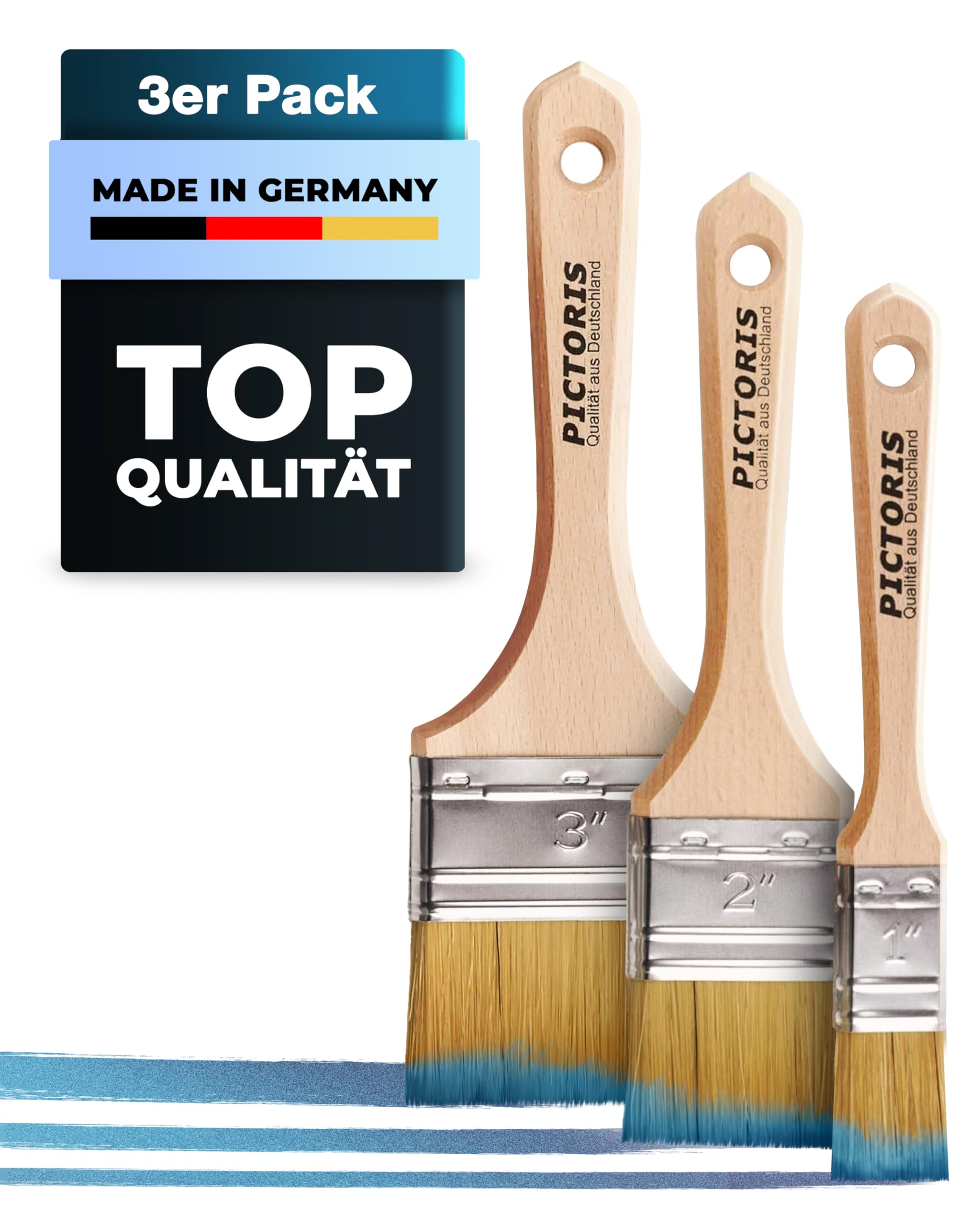 PICTORIS Juego de 3 pinceles para barniz, fabricado en Alemania, sin pérdida de cerdas, pincel profesional para barnizado de madera, aceite de linaza, pintura de tiza, pincel para madera con pintura