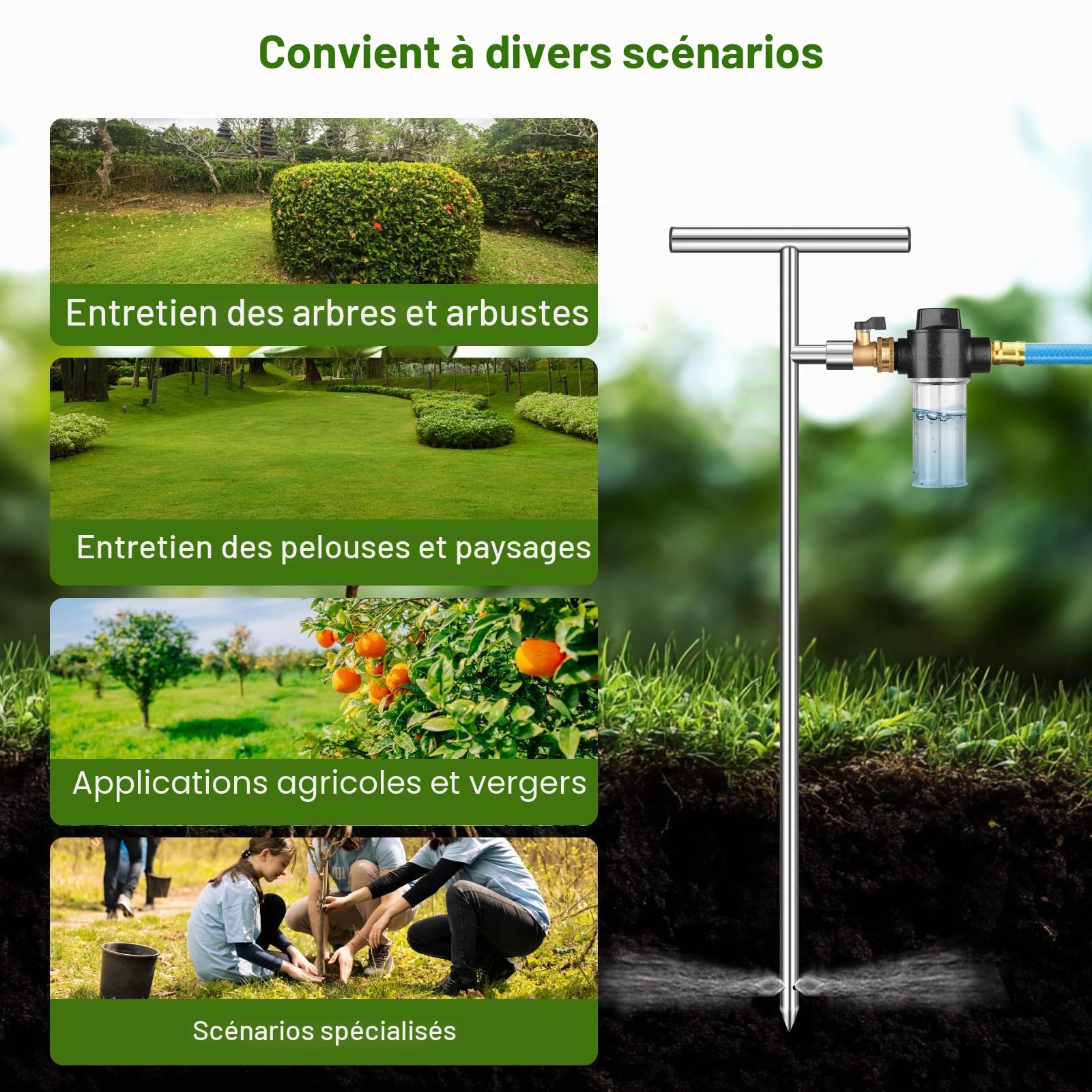 Système d’Arrosage Profond en Acier Inoxydable, 81,3 cm avec Bouteille d’Engrais et Valve en Laiton, Poignée en T, Outil d’Irrigation pour Plantes, Légumes, Fleurs, l'agriculture (Plata + Negro)