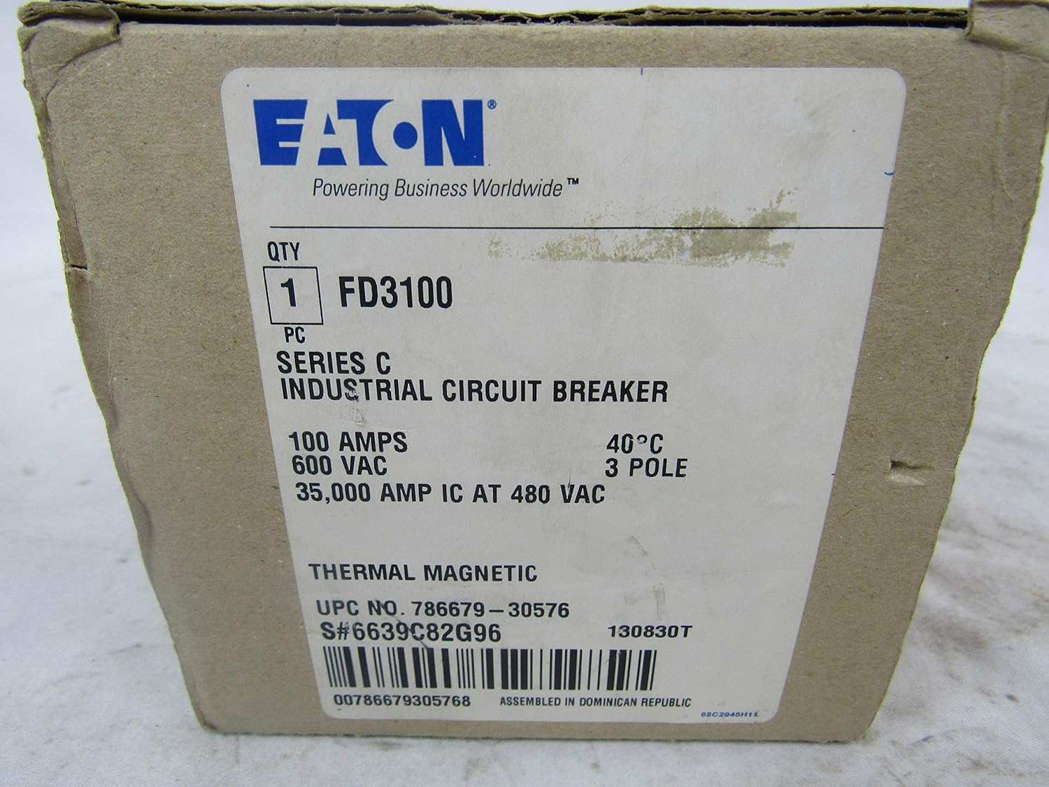 New Cutler-Hammer Eaton FD3100 Circuit Breaker 3 Pole 100A 600V FD Frame 35kA