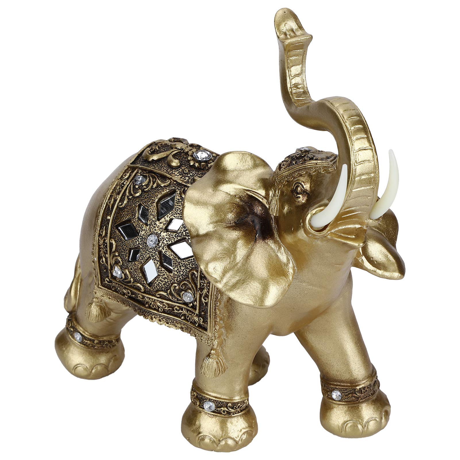Statuetta con Statua di Elefante Dorato, Decorazione Elegante, Regalo per Casa e Ufficio, 28,5x24x10 Cm, Portafortuna in Resina