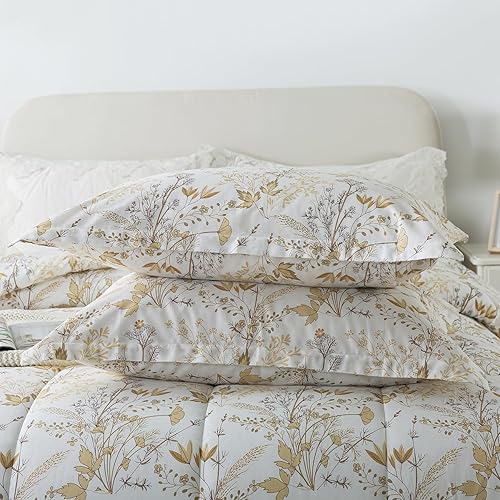 Miniatura 2 de Lemfux Juego de edredón tamaño individual, 3 piezas, 100% algodón con patrón floral caqui, juego de edredón delgado tamaño individual, estampado de