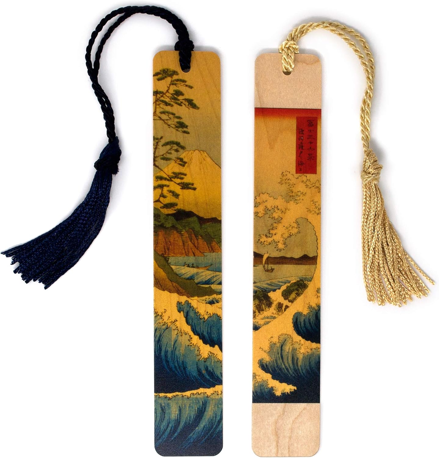 Mt. Fuji and The Sea at Satta (set) by Japanese Ukiyo-e Artist Hiroshige Wooden Bookmarks with Tassels - Made in The USA