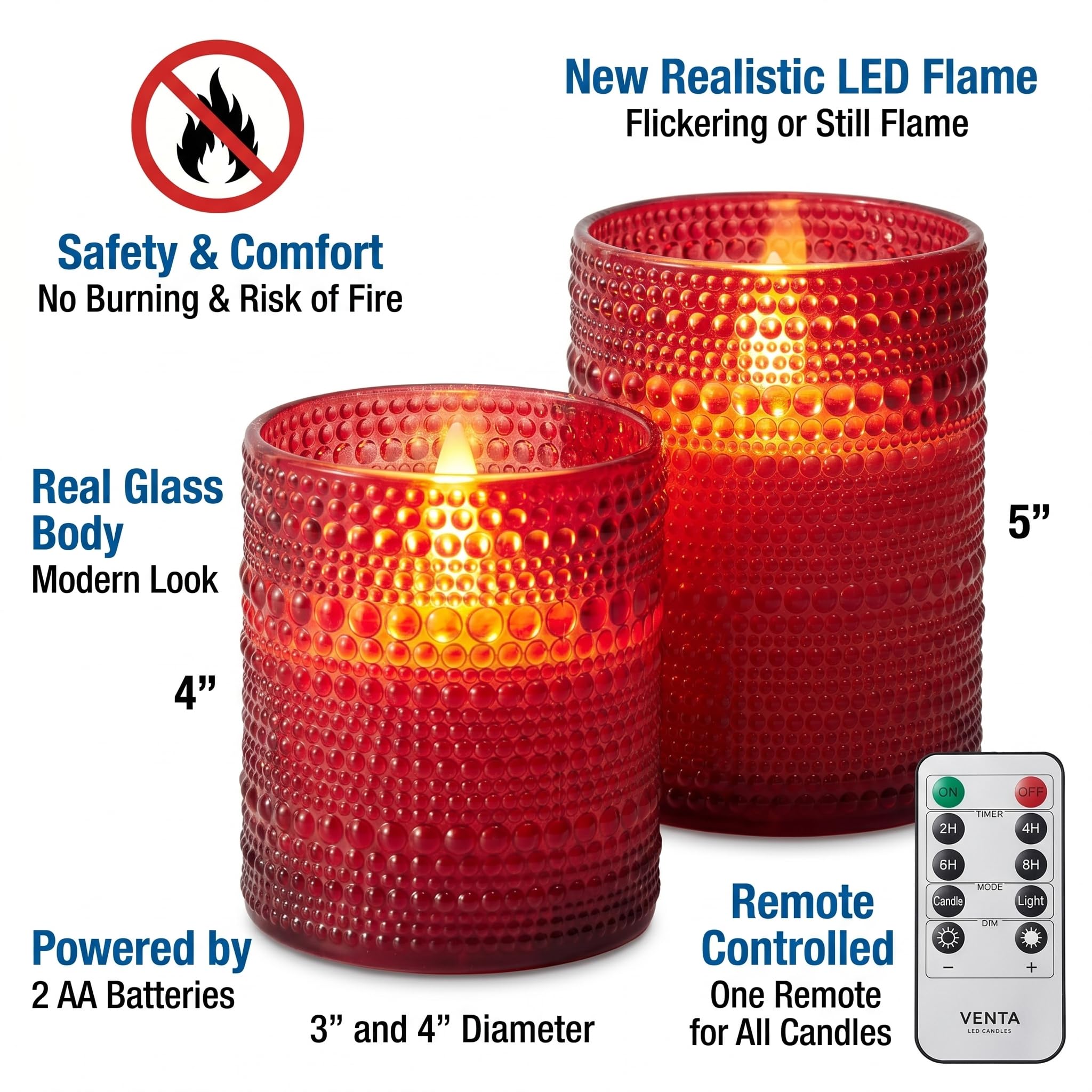 VENTA Candele senza fiamma in vetro rosso con telecomando, fiamma in movimento in vera cera, candele a LED tremolanti senza fiamma, funzionamento a batteria, timer e dimmer, set da 2 pezzi (10,2 cm