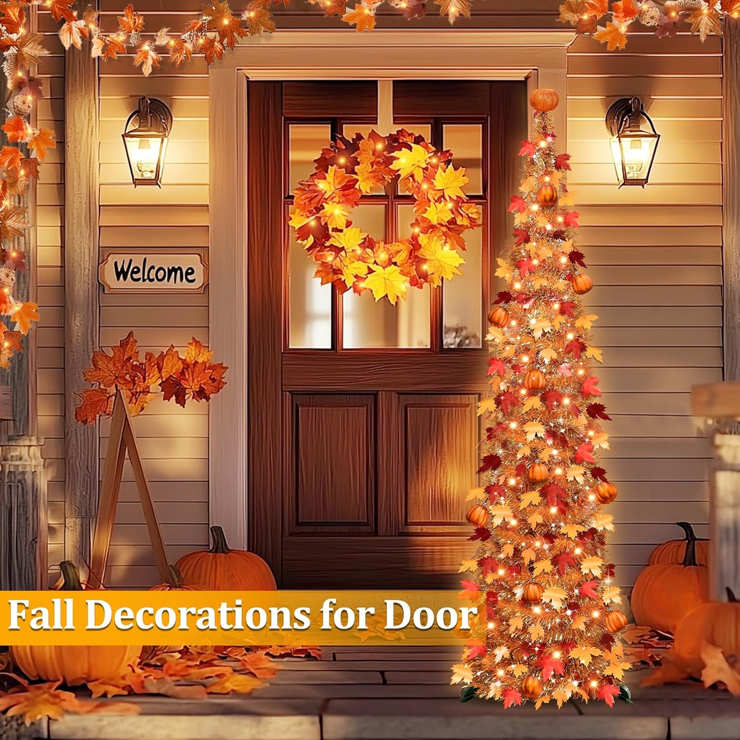 5 FT Fall Tree Fall Decor, Pop Up Tinsel Maples Tree with 50 Warm White Lights Orange Pumpkins Battery Operated Lighted Halloween Tree Fall Decorations for Home Harvest Thanksgiving Party Indoor
