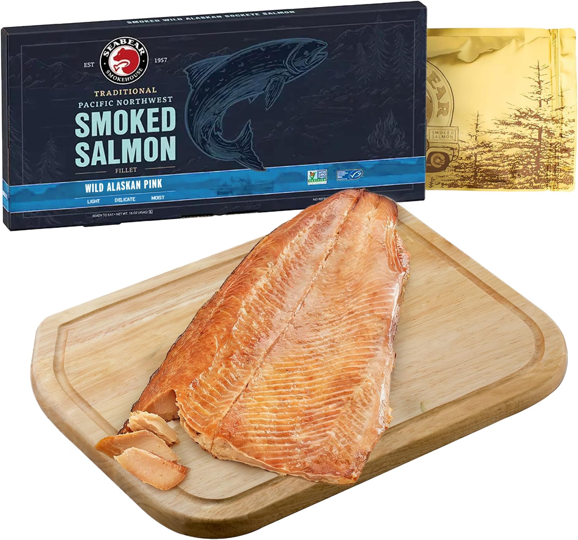 Wild Alaska Pink Smoked Salmon, 1lb Fillet, Shelf-Stable Wild Caught Smoked Salmon Fillet, Ready to Eat, 1 Pound Filet