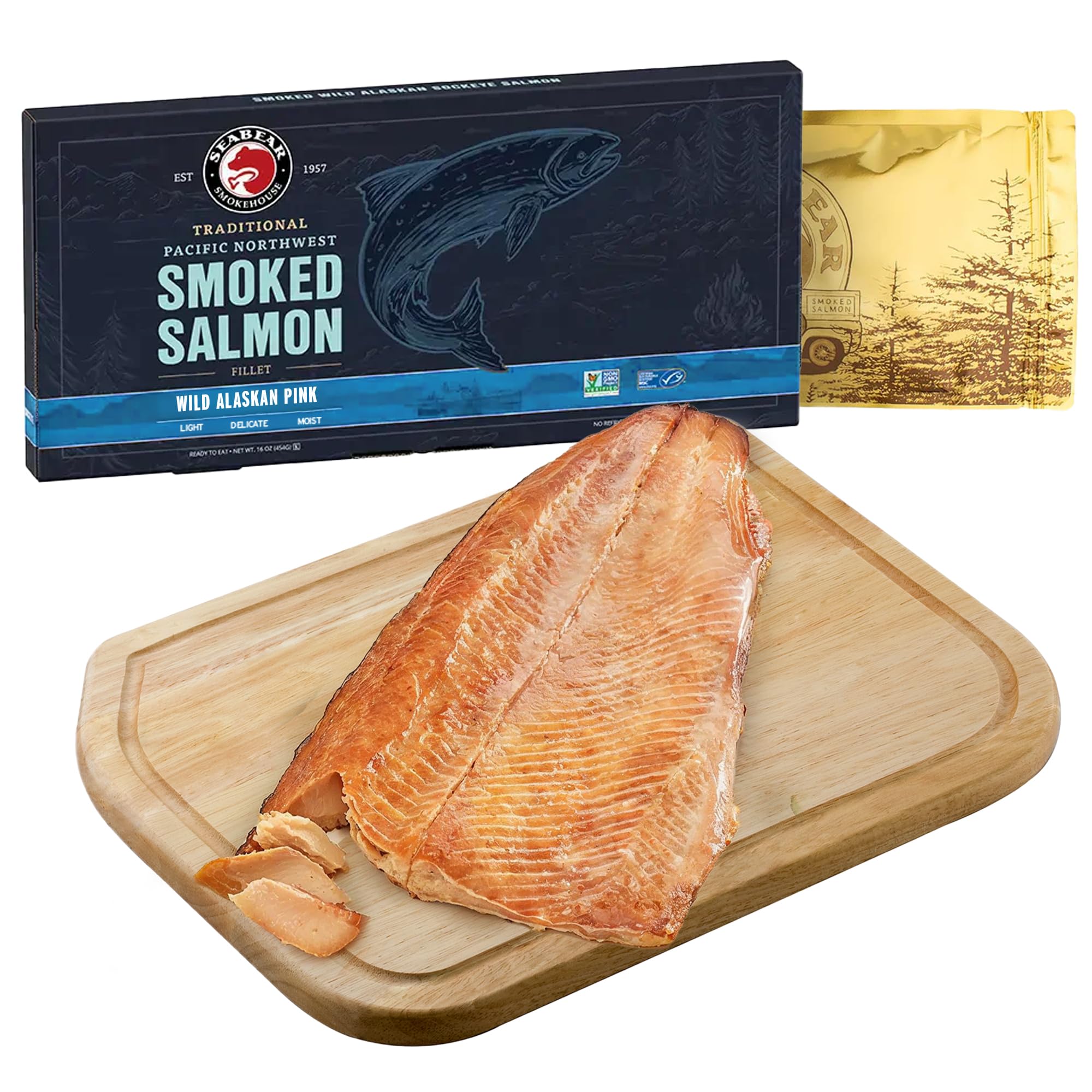 SeaBear Wild Alaska Pink Smoked Salmon, 1lb Fillet, Shelf-Stable Wild Caught Smoked Salmon Fillet, Ready to Eat, 1 Pound Filet