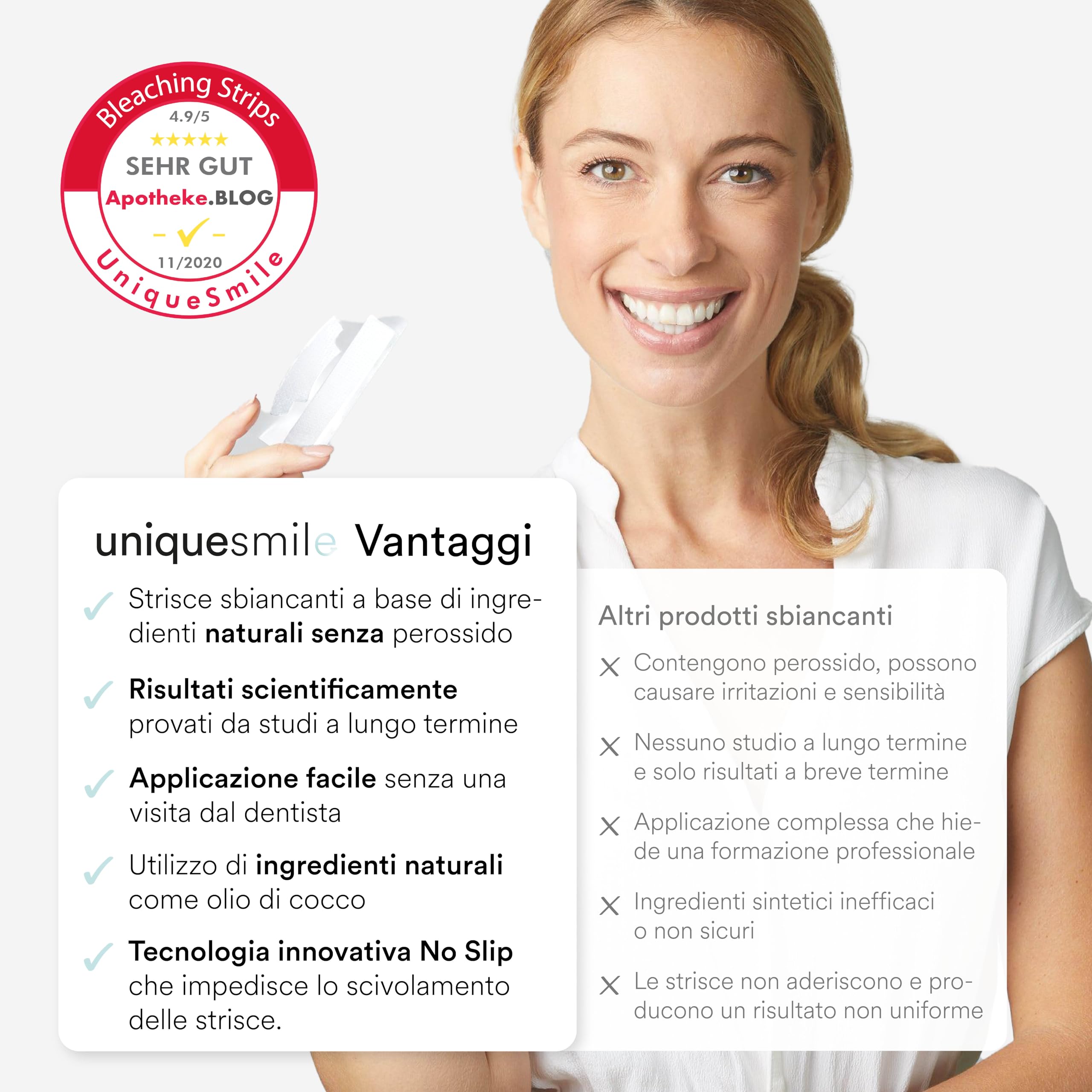 UniqueSmile paski wybielające do zębów, bez nadtlenku, innowacyjna formuła z naturalnymi składnikami (28 sztuk)