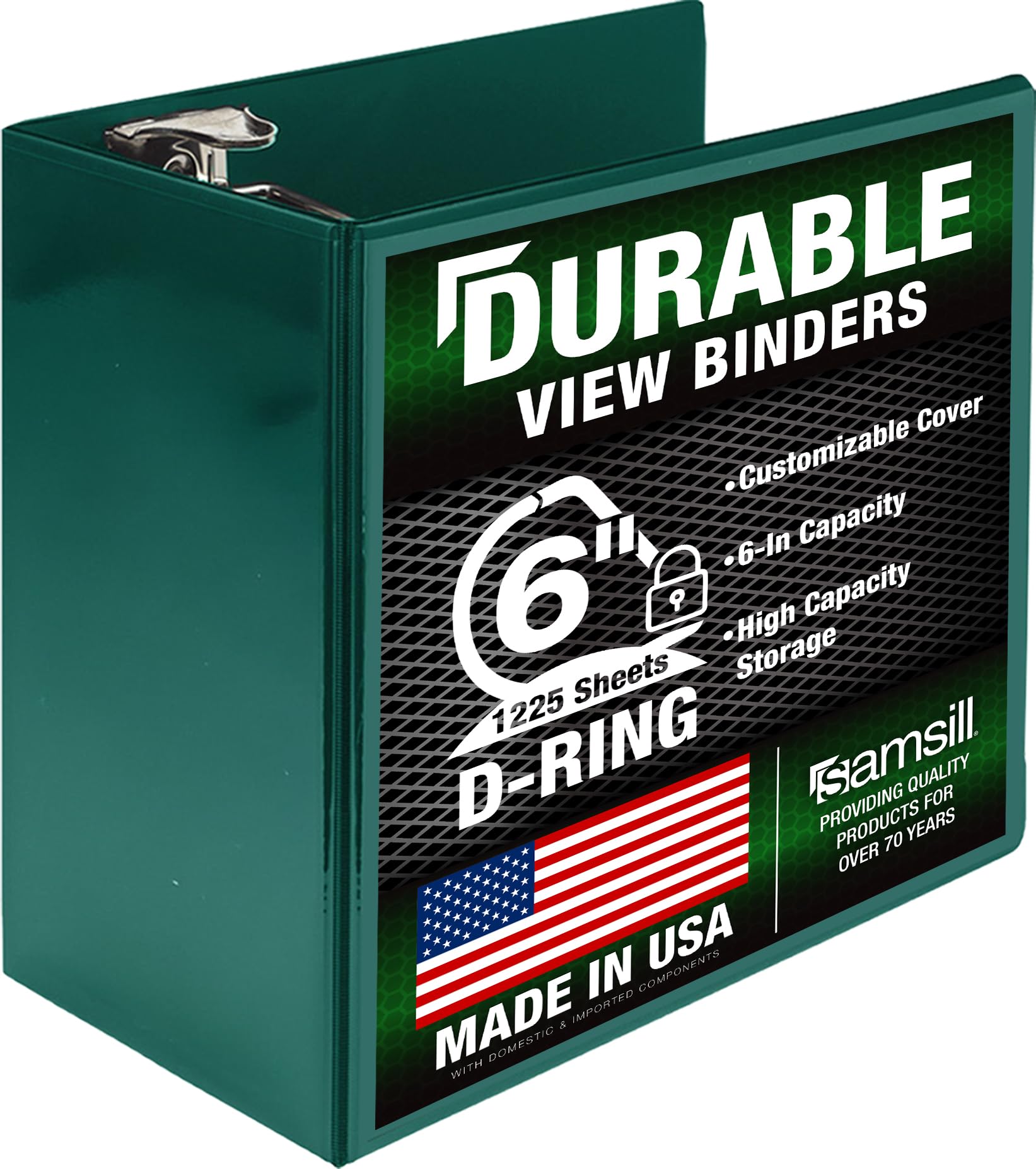 Samsill Durable 6 Inch Binder, Made in The USA, Locking D Ring Binder, Customizable Clear View Cover, Green, Holds 1225 Pages — image 1