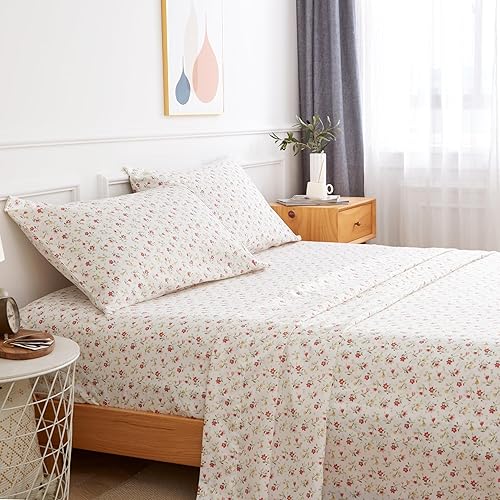 KACEMOO Juego de sábanas King de 4 piezas impresas con bonito patrón de sábanas de microfibra cepillada refrescante con bolsillo profundo de 17