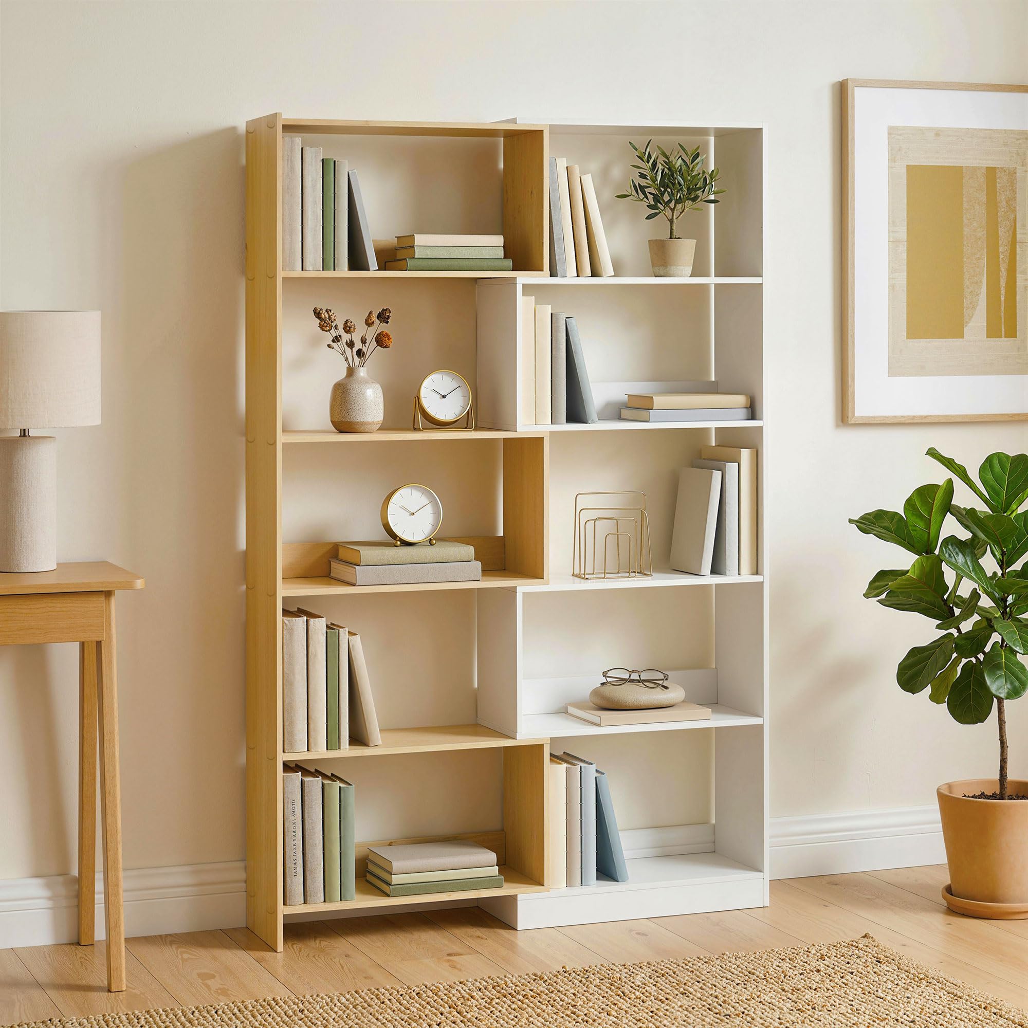 HOMCOM Bibliothèque d'angle rotative 350° à 5 Niveaux, étagère de Rangement Extensible en Forme L, 60-111x24x164cm, Style Moderne, Meuble de Rangement pour Salon, Bureau, Petit Espace, chêne et Blanc