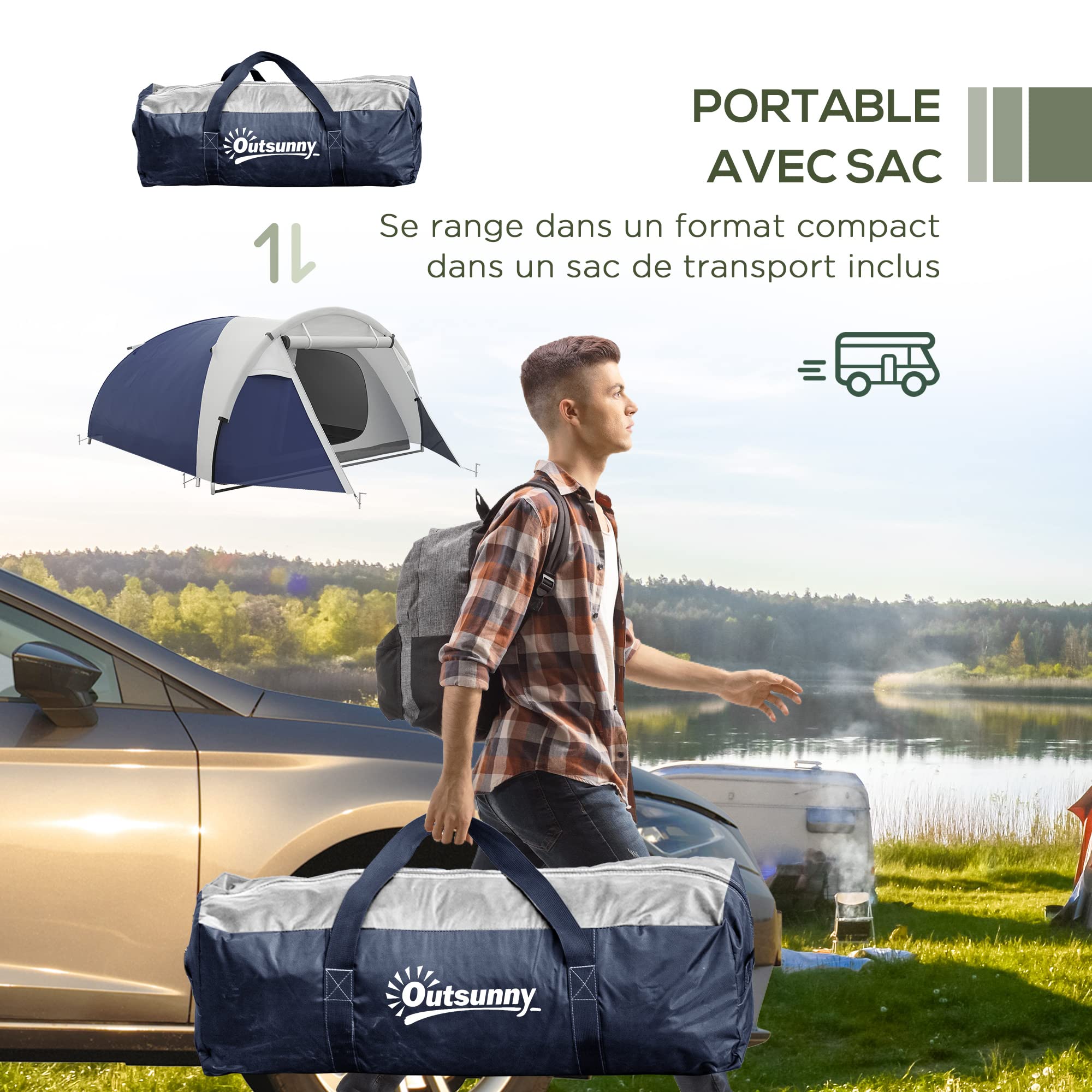 Outsunny Tente de Camping 3/4 Personnes dôme légère, Facile à Monter | Tente 3 places, ventilée, portes zippées, sac inclus, Oxford 320 x 240 x 130 cm, bleu foncé gris clair