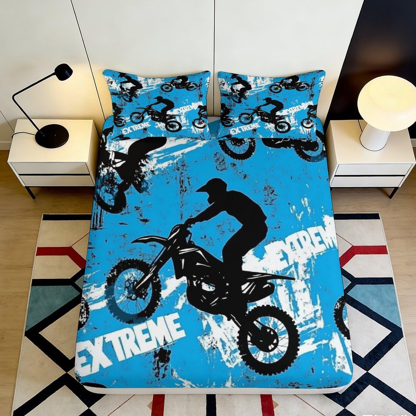 3D Printed Motocross Rider Fitted Sheet Microfiber Blue Extreme Sports Bed Cover for Bedroom Dorm Mattress Protection Decor 90x200x25cm