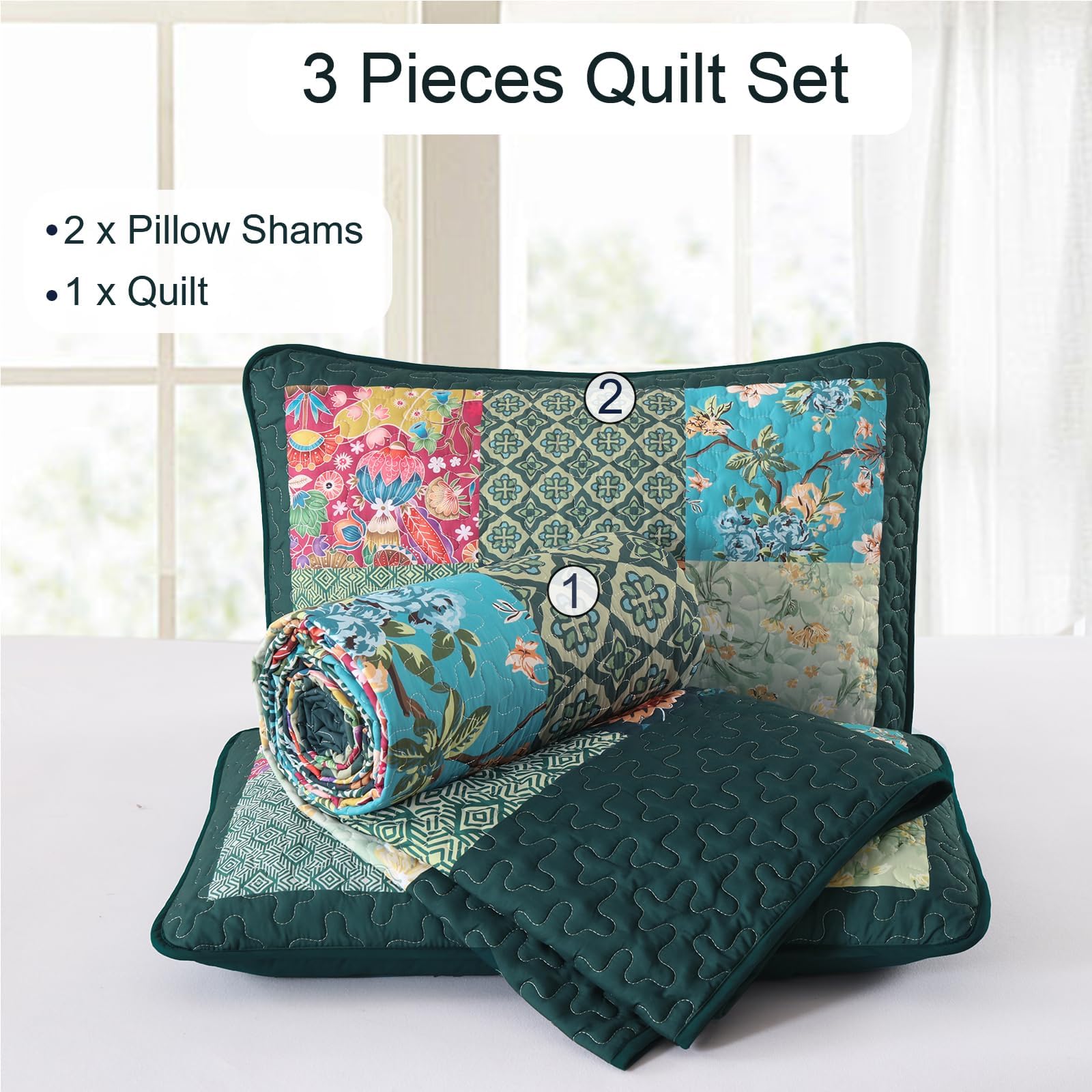 DJY Patchwork-Steppdecken-Set für King-Size-Betten, 3-teilig, grün, kariert, florales Muster, Boho-Türkis, rustikal, leicht, wendbar, für alle Jahreszeiten, 274 x 228 cm