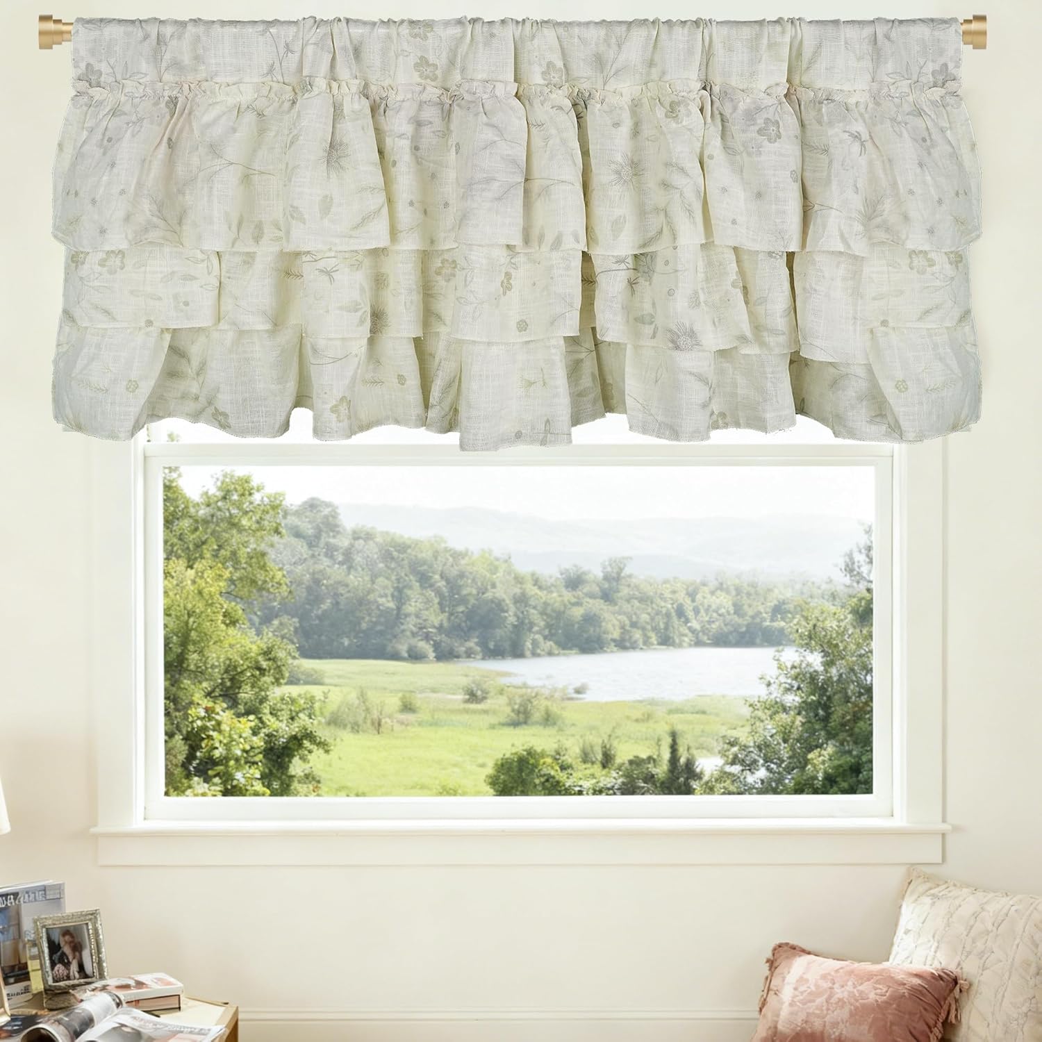 Ruffled Linen Valance Curtain 18 Inchs Long, Floral Print Window Valance Rod Pocket Window Treatment for Kitchen Bedroom Living Room 1 Panel, 60 x 18 Inch