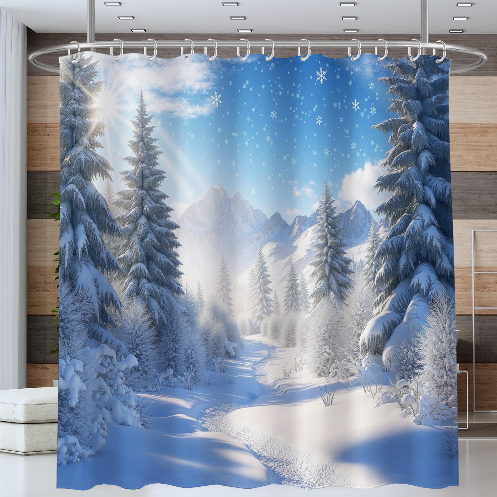 Rideau Douche,Rideau Baignoire Lavable en Machine Rideaux Douche Tissus Lavable Rideau De Baignoire Lavable pour Salle De Bain Domicile Baignoire Famille,Forêt De La Montagne Neigeuse,
