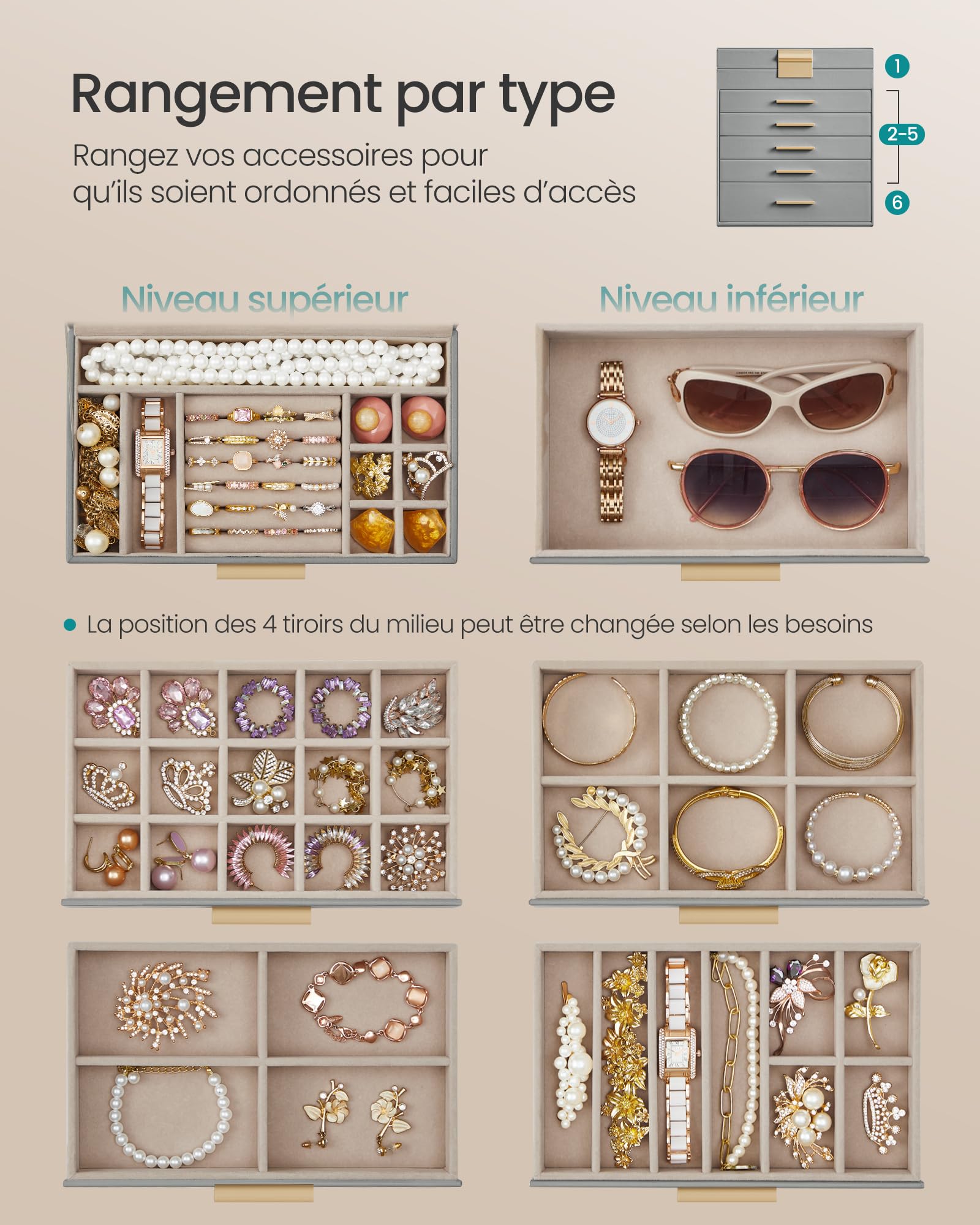 SONGMICS Boîte à Bijoux, Écrin à Accessoires 6 Niveaux, Coffre de Rangement, Couvercle en Verre, 5 Tiroirs, pour Lunettes de Soleil, Rangement pour Bijoux, Moderne, Gris Tourterelle et Doré JBC171G01