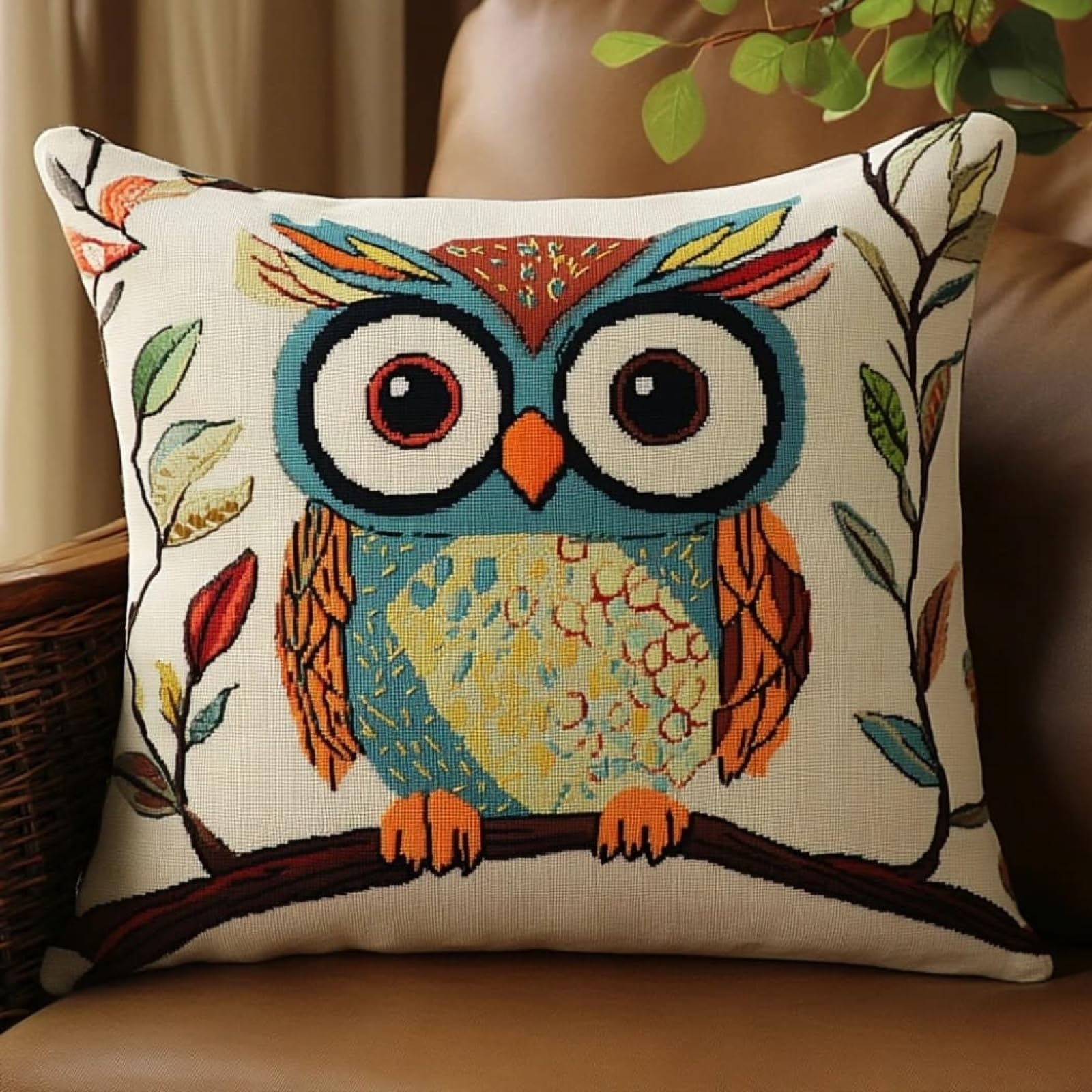 WallustrioaW DIY Needlework Cushion Kit,Animal Owl,Embroidery Pillow Cross Stitch Pillowcase DIY Printed Cross Stitch Pillow Kits,45x45cm