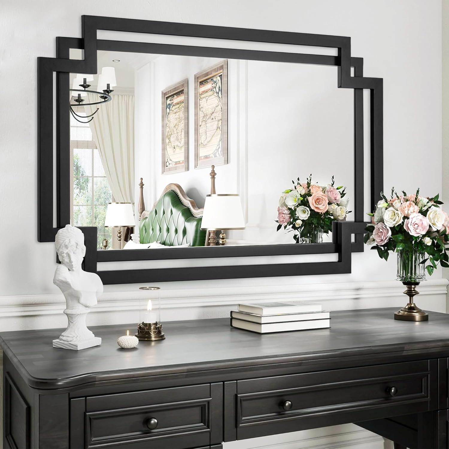 28" x 40" Black Wall Mirror for Decor, Large Bathroom Mirror with Geometric Metal Frame, Modern Rectangular Mirror for Entryway, Dining Room, Fireplace