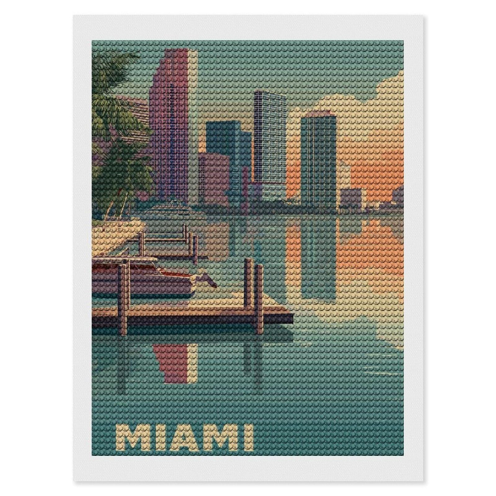 Junmoney Miami Cityscape with Boats and Docks Diamond Art Canvas 12"x16", Easy Handmade Project, Complete Accessories, Bedroom Decor, Birthday Gift
