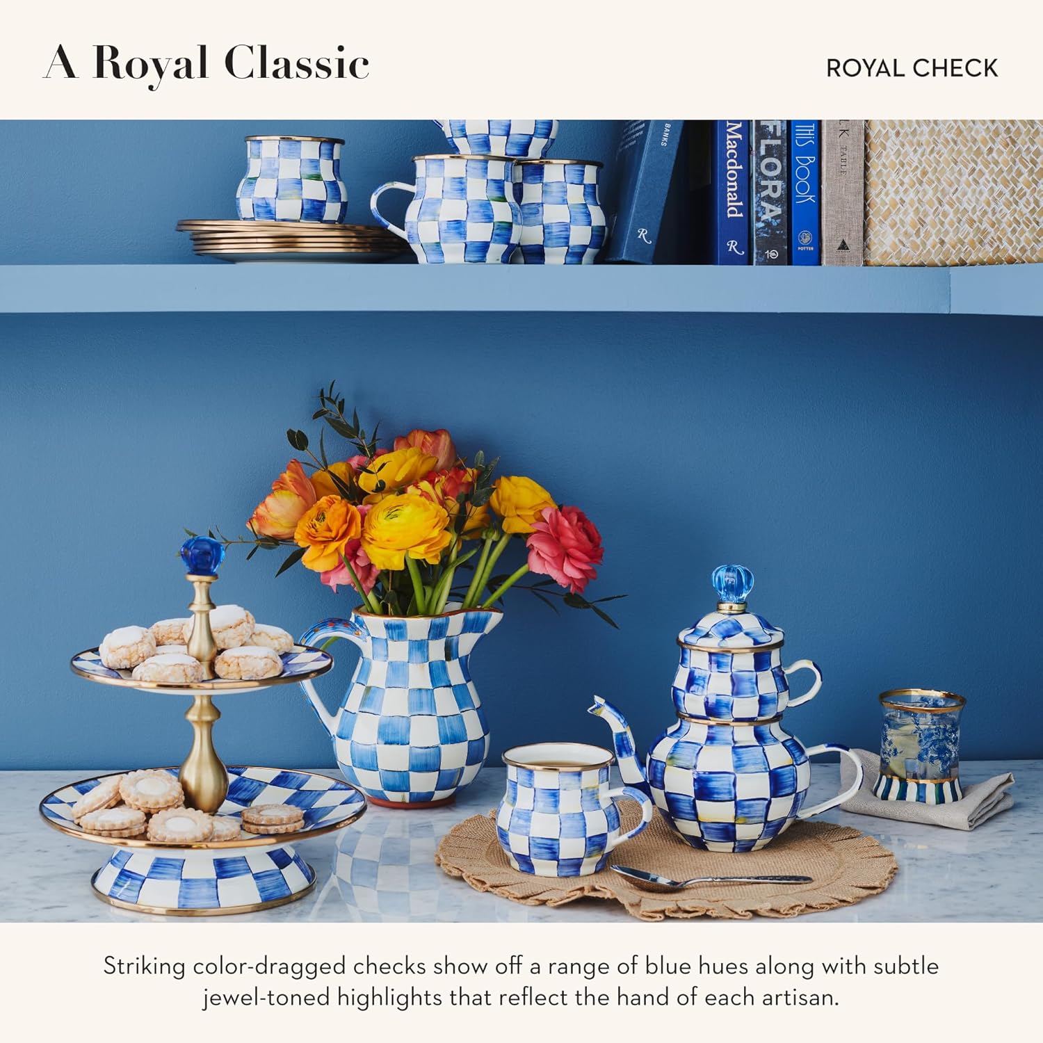 MACKENZIE-CHILDS Enamel Napkin Holder, Kitchen Napkin Holder for Table and Countertop, Blue-and-White Royal Check