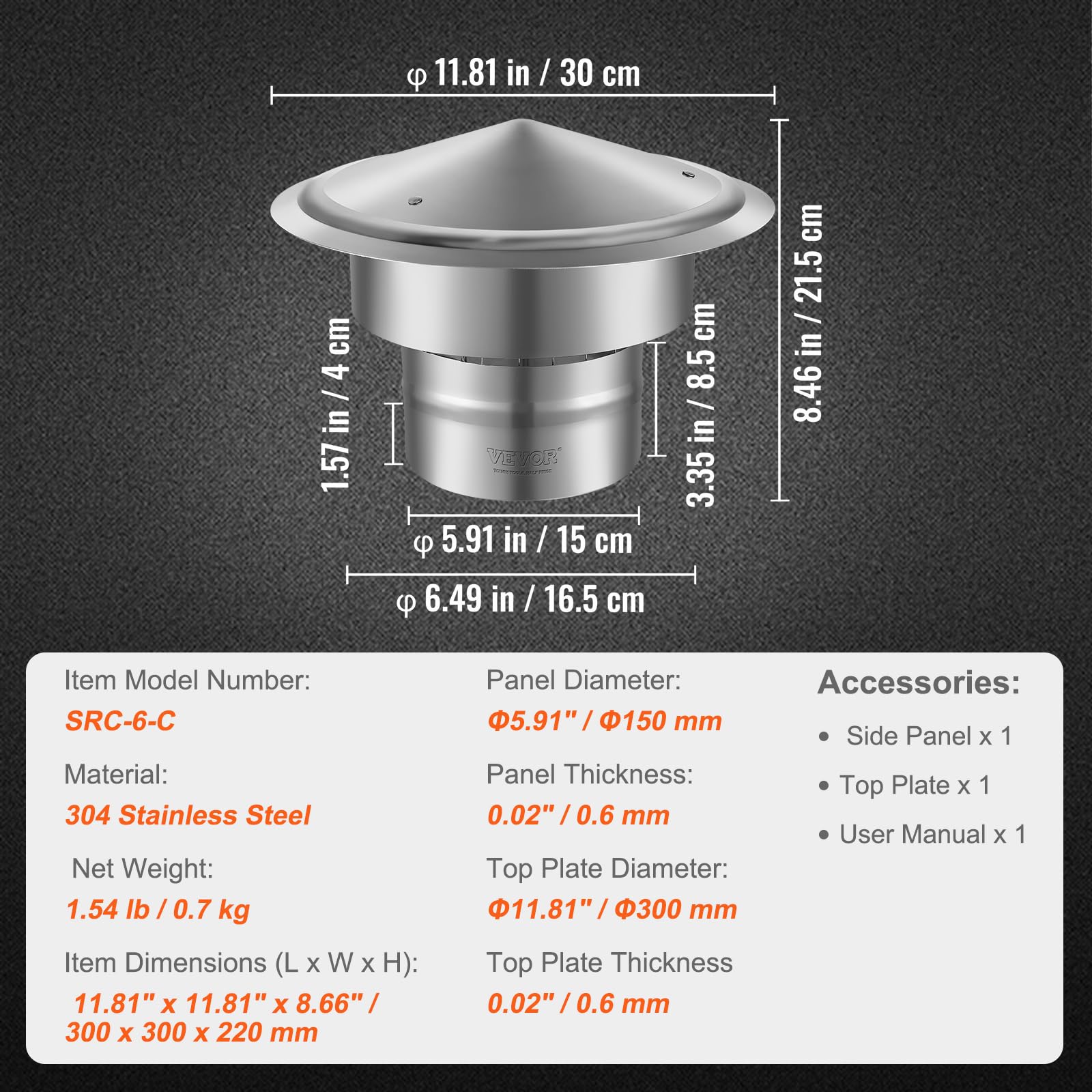 VEVOR Tappo per Camino Rotondo Diametro 150 mm Comignolo Canne Fumarie da Tetto in Acciaio Inox Base Rotondo Accessori Inclusi, Coperchio Comignolo per Camino 300 x 300 x 220 mm Antipioggia da Esterno