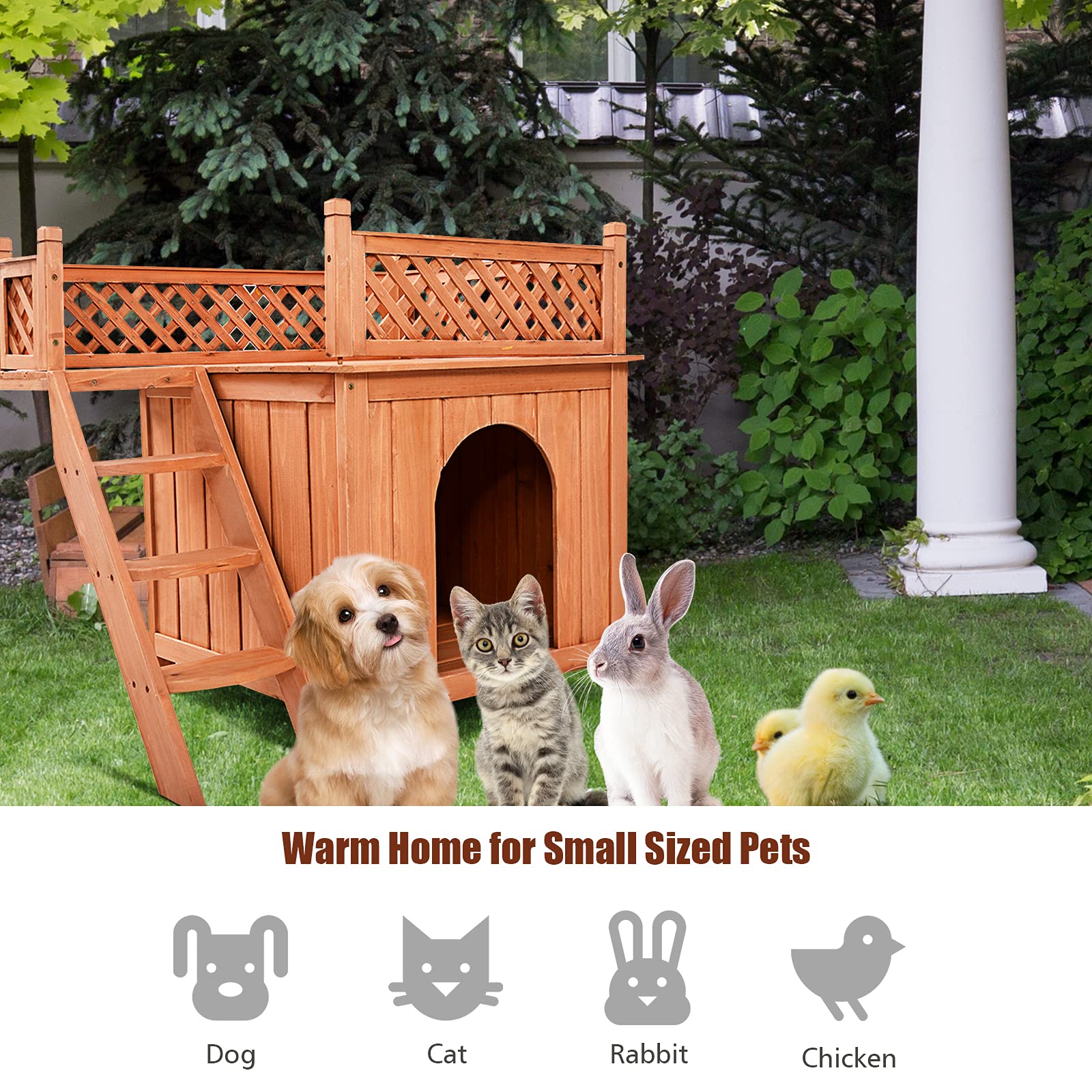 Giantex Pet Dog House, Wooden Dog Room Shelter with Stairs, Raised Roof