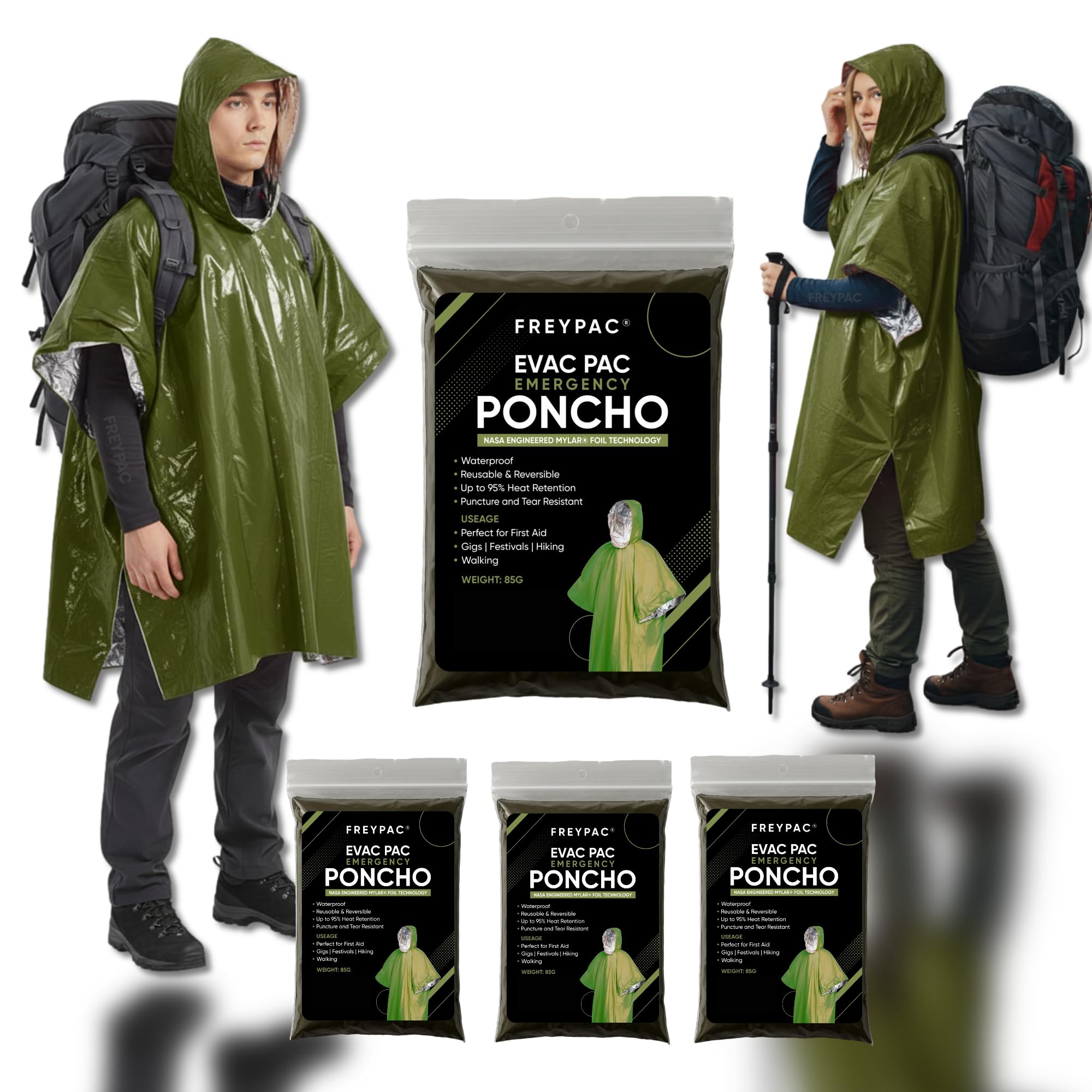 Freypac Woodland Green 4 Pack Emergency Survival Foil Poncho, Thermal Mylar Foil Coating Blanket For Heat Retention And Rain, Reversible With Hood, Waterproof, Windproof (Green)