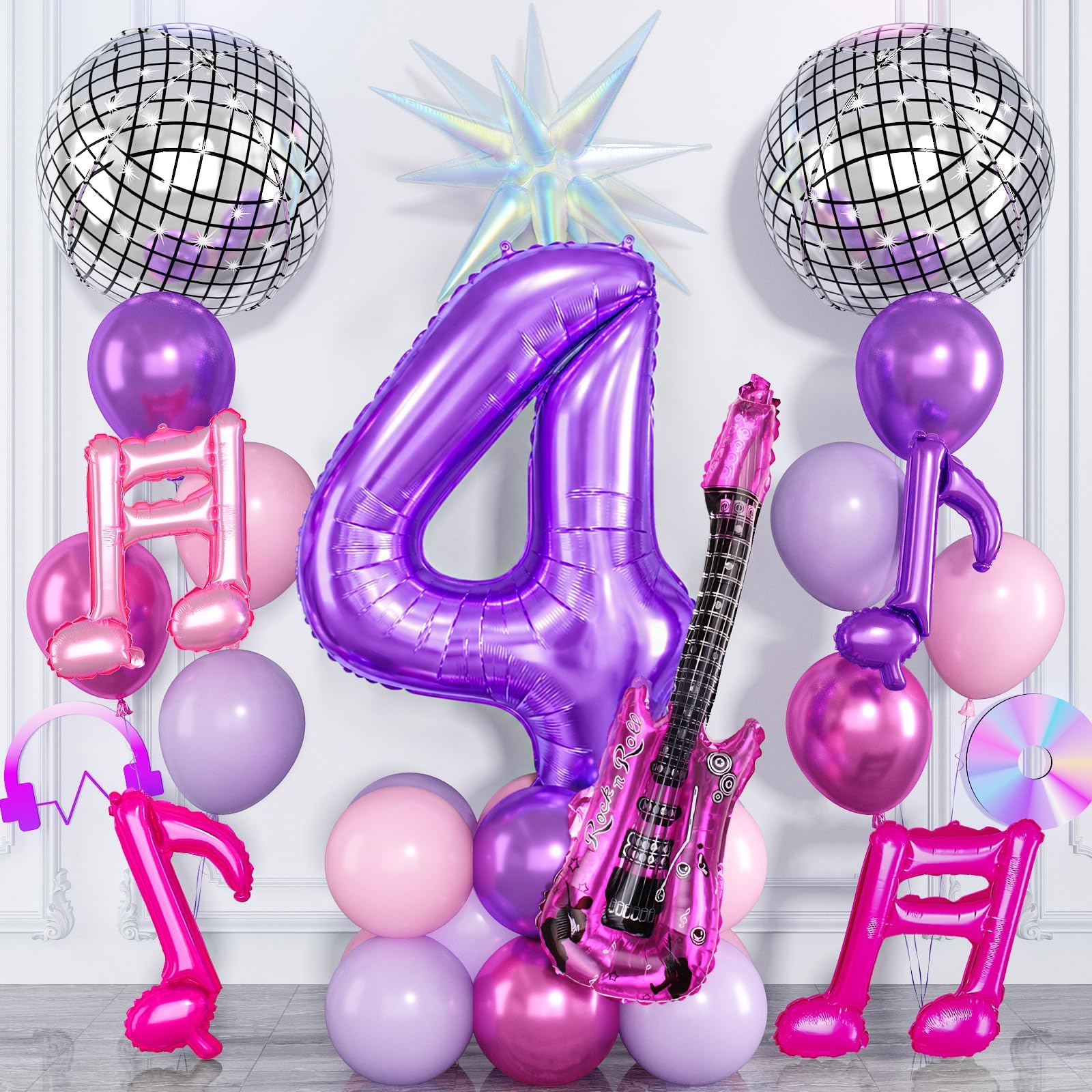 Kpop 4th Birthday Decorations for Girls, 40 Inch Purple Number 4 Balloon with Music Note Disco Ball Guitar Star Balloons, Metallic Purple Pink Balloons for 4 Year Old Birthday Music Party Decorations