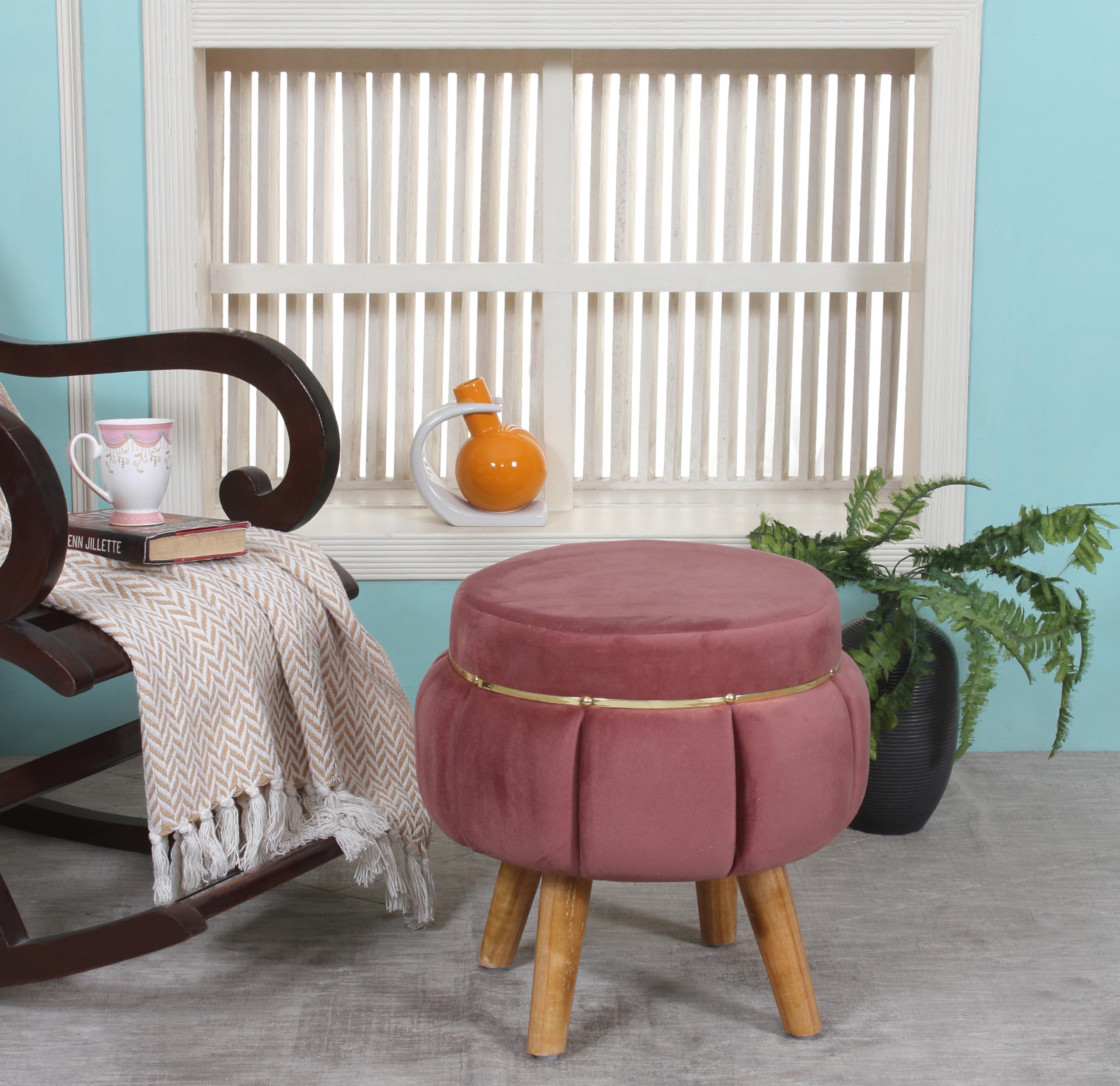 Interiors Spot Ottoman Pouffes Sitting Mudda Puffy Wooden Leg Stool for Living Room Dressing Table, Pouf Round Footstool, Holland Velvet, 16x16x18 Inch, (Gajri)-image-36