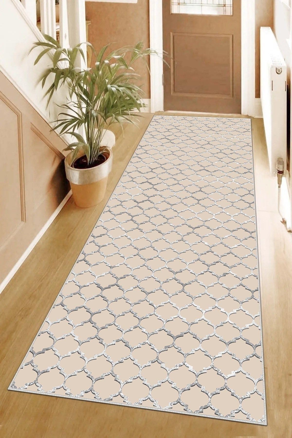 Pelangi Geometrik Desenli Dijital Baskı Yıkanabilir Kaymaz Taban Klasik Salon Halısı, Bej 80 x 350, 9554140803507