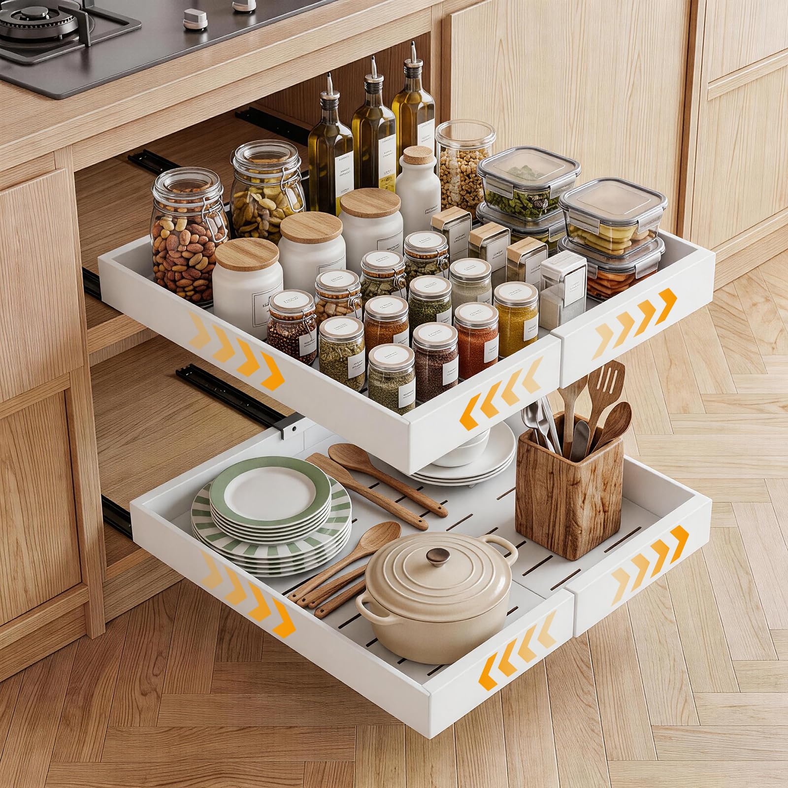 Teleskopschublade Ausziehbar, Küchenschrank Schubladenauszug Mit Kleber, Ausziehbarer Schrank Organizer Ohne Bohren für Küche Bad Wohnzimmer, Einstellbare Breite 32-53 cm, Weiß, 1 Stück