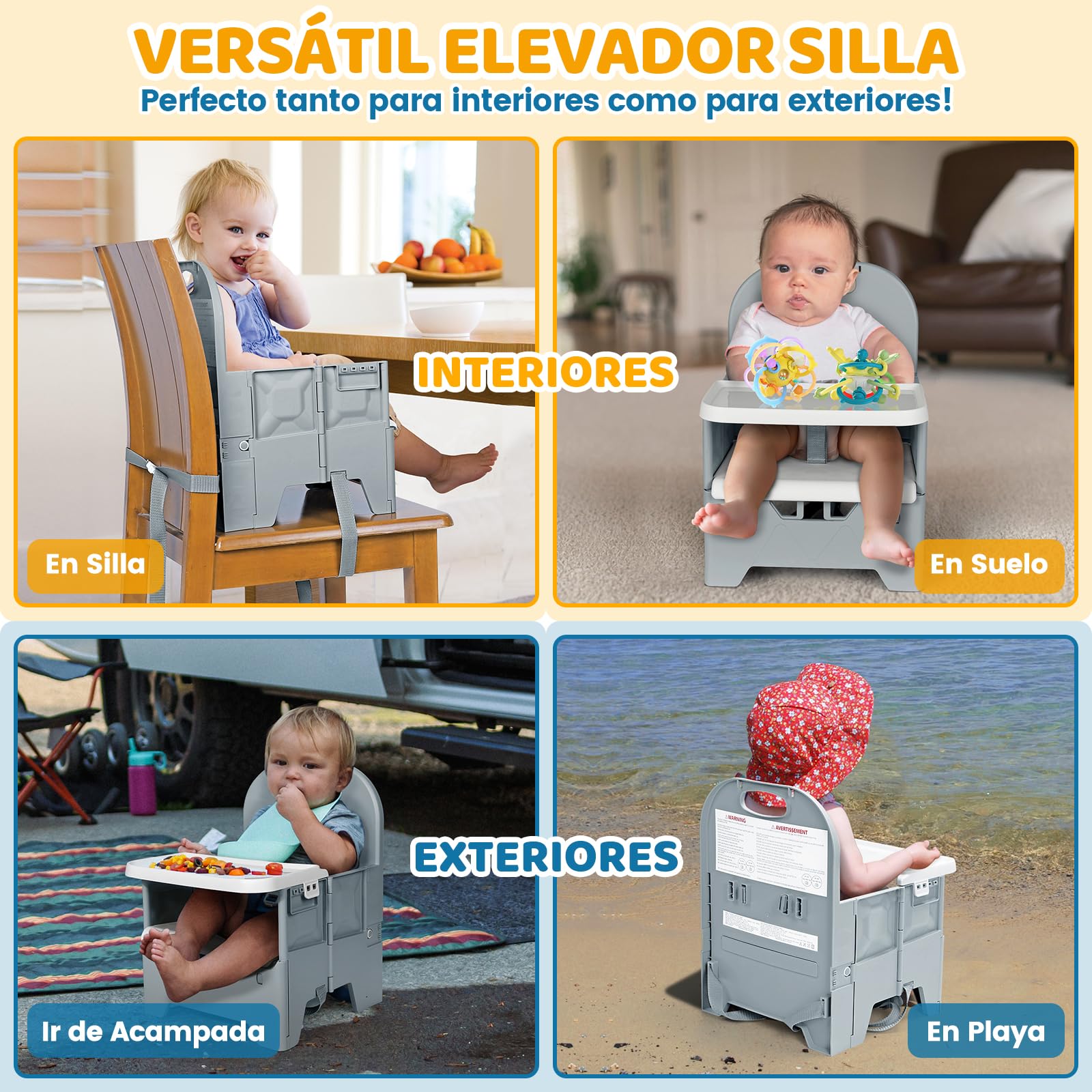 Orzbow Plegable Elevador Silla para Niños Comer,Estable Trona de Viaje Portatil con Bandeja de Comedor,Material ABS y Estructura Robusta,Fácil de Usar,para Bebés de Hasta 36 Meses y 15 kg,Gris