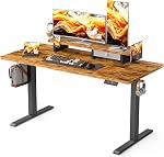 WALKINGDESK 55x24 Inches Bureau électrique avec tiroir et support de moniteur, Bureau de stand up réglable en hauteur pour le bureau d'accueil, Table de stand ergonomique avec support de téléphone, 3 Crochets, brun rustique