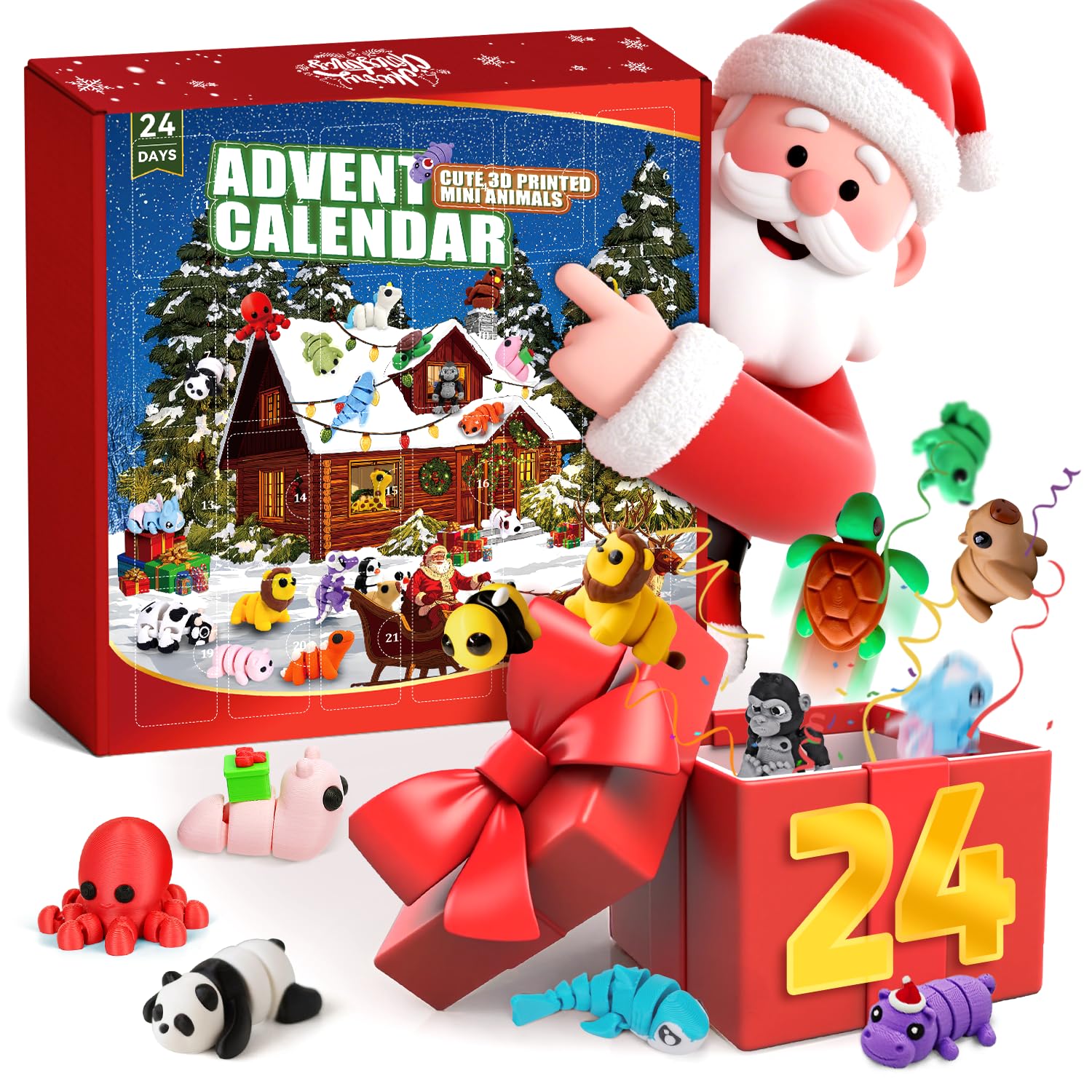 Kids Advent Calendar with 24 Mini 3D Printed Articulated Mini Animals - Flexible Fidget Toy Set for Boys & Girls, Ideal as Christmas Party Favors and Daily Gift Surprises Unique Executive Desk Toys for 3D Printed Animalsgon Birthday Party Decorations