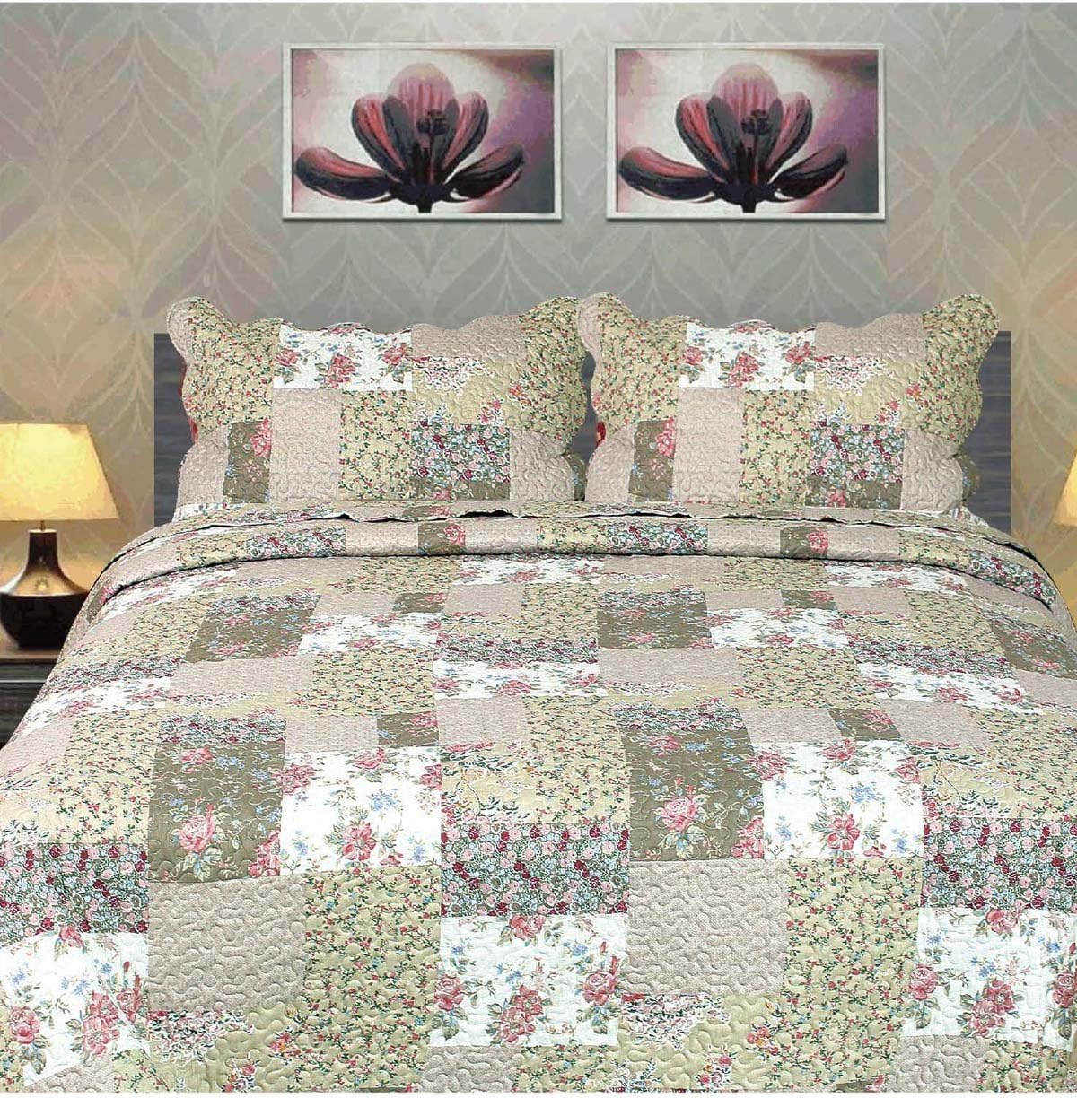 Tache Flora's Outing Floral Print Patchwork Reversible 3 Piece Bedspread Quilt Set, Full