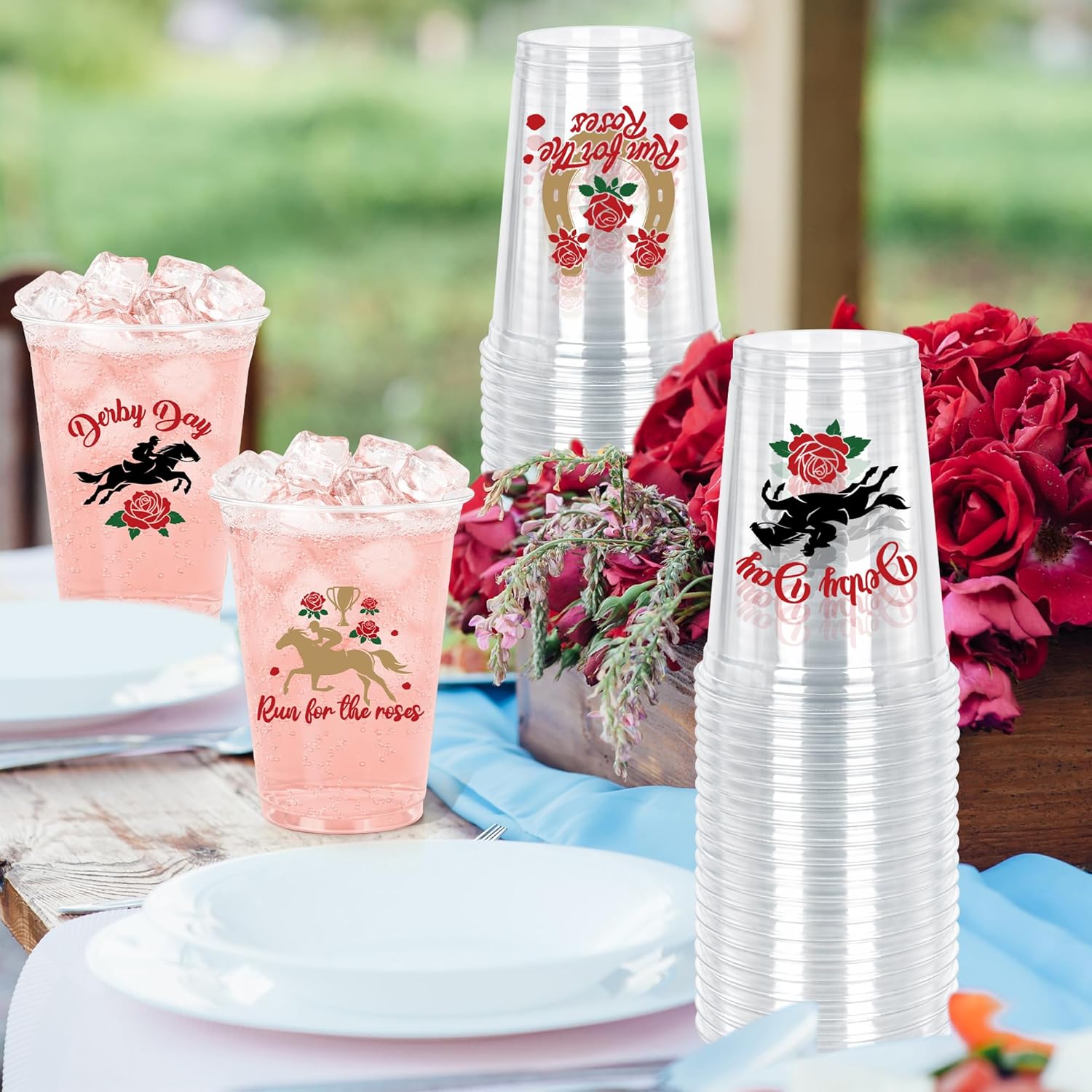 QZYL 100 PCS Derby Day Cups, 14 OZ Plastic Cups, Horseshoe Roses Design Derby Glasses 2026 Horse Disposable Mug, Kentucky Decorations Horse Party Decorations