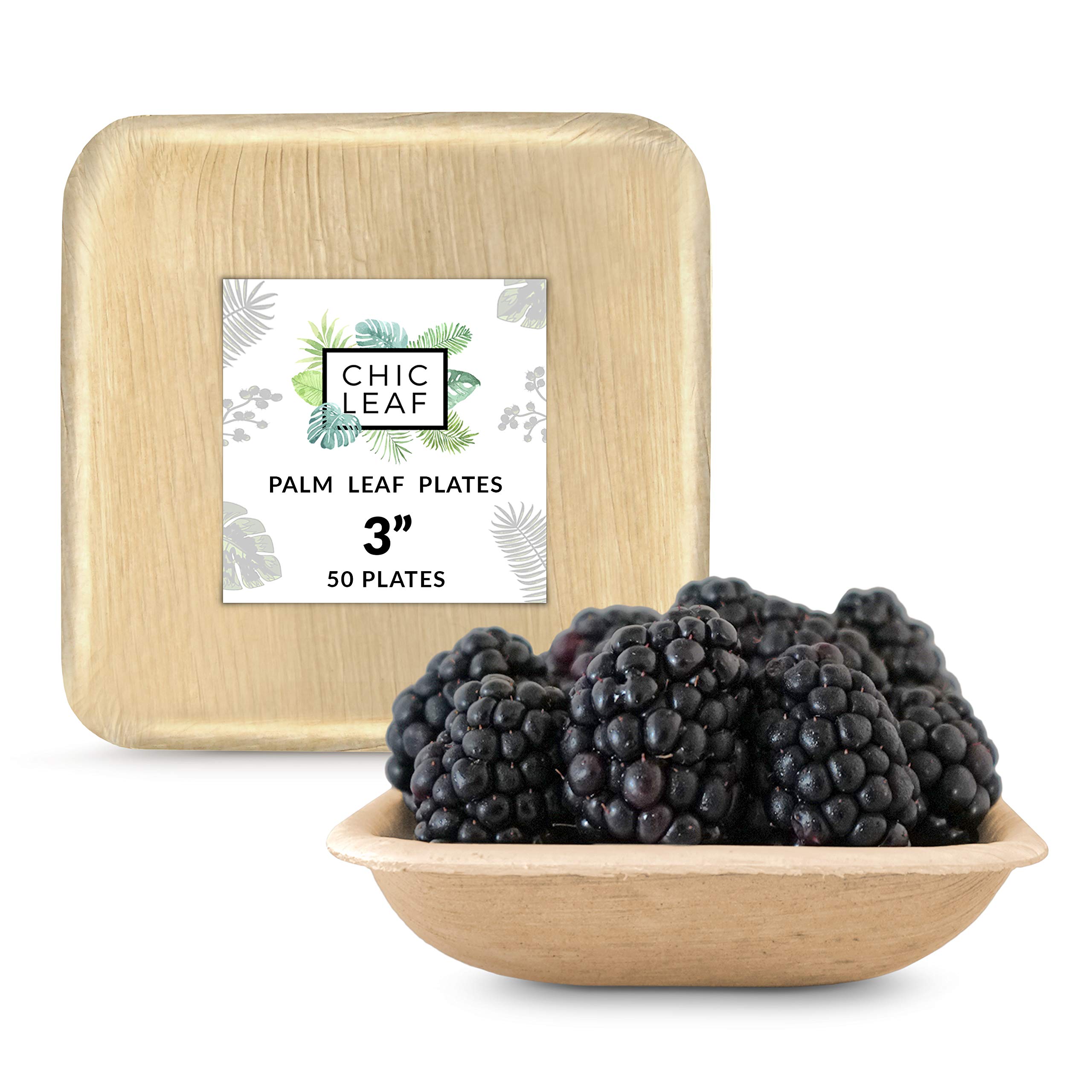 Chic Leaf Palm Leaf Disposable Bamboo Bowls - 3" Square, Pack of 50, Natural - Biodegradable & Compostable Mini Palm Plates - Dipping Cups & Charcuterie Disposable Bowls