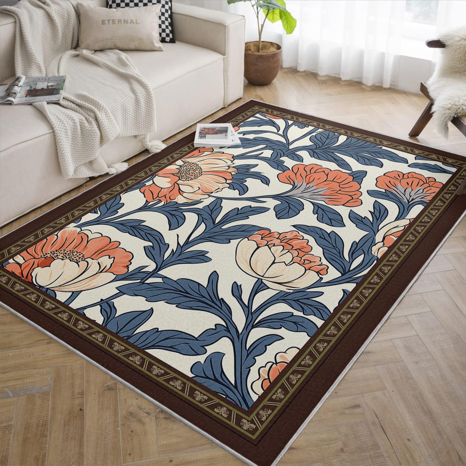 Dywan w stylu vintage, boho, do sypialni, 150 x 210 cm, nadaje się do prania, miękki, ultracienki, antypoślizgowy dywan z niskim runem, do pokoju gościnnego w biurze