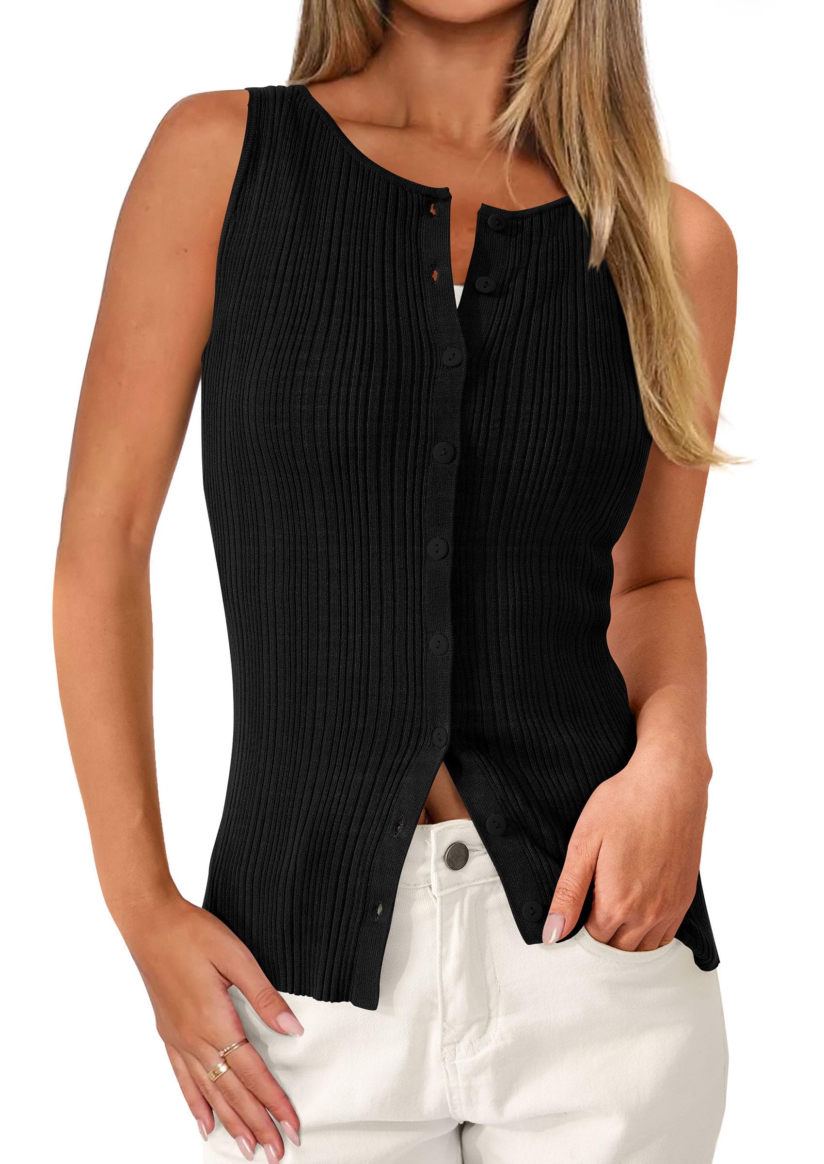 PRETTYGARDEN Womens Ribbed Tank Top Summer 2026 Open Front Button Down Sleeveless Shirts Fashion Clothing Going Out Vest Tops