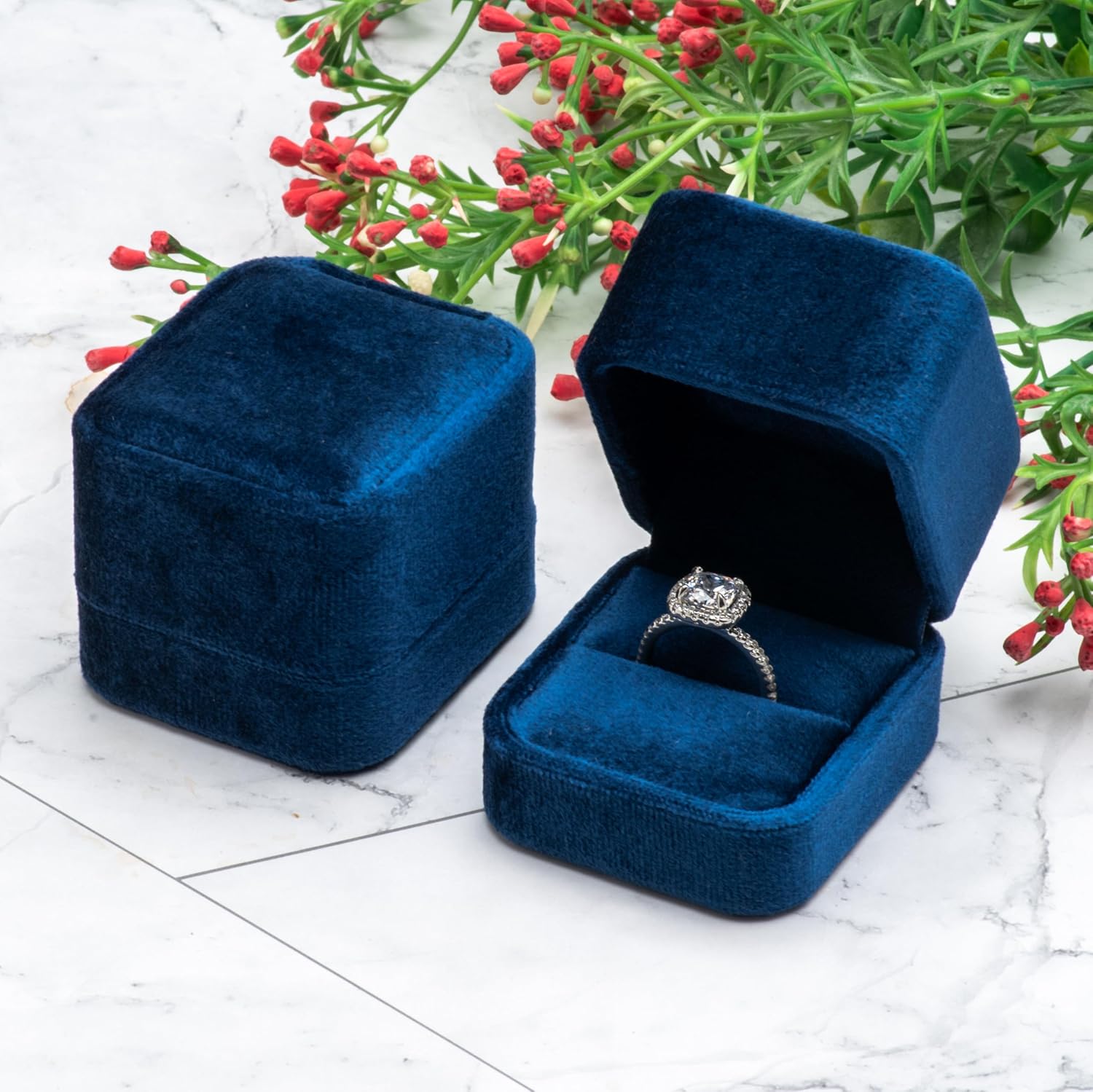 Velvet Single Ring Box Case Holder for Engagement Proposal Birthday Wedding,Jewelry Ring Box Jewelry Packaging Box (Blue) image 4
