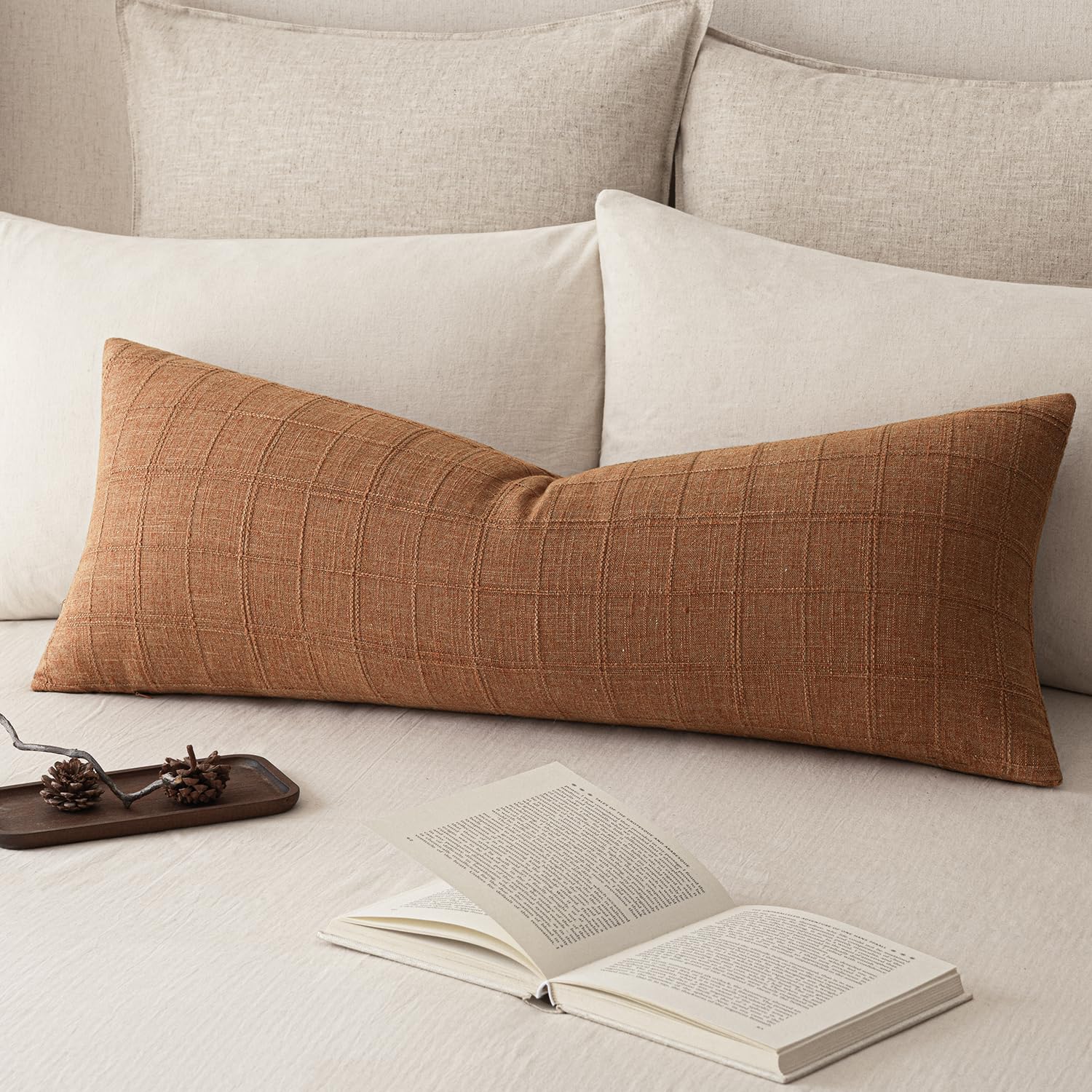 Foindtower Set of 1 Decorative Linen Check Throw Pillow Cover Neutral Farmhouse Lumbar Cushion Cover Soild Modern Boho Home Decor for Sofa Chair Couch Bedroom Living Room,14×36 Inch,Orange