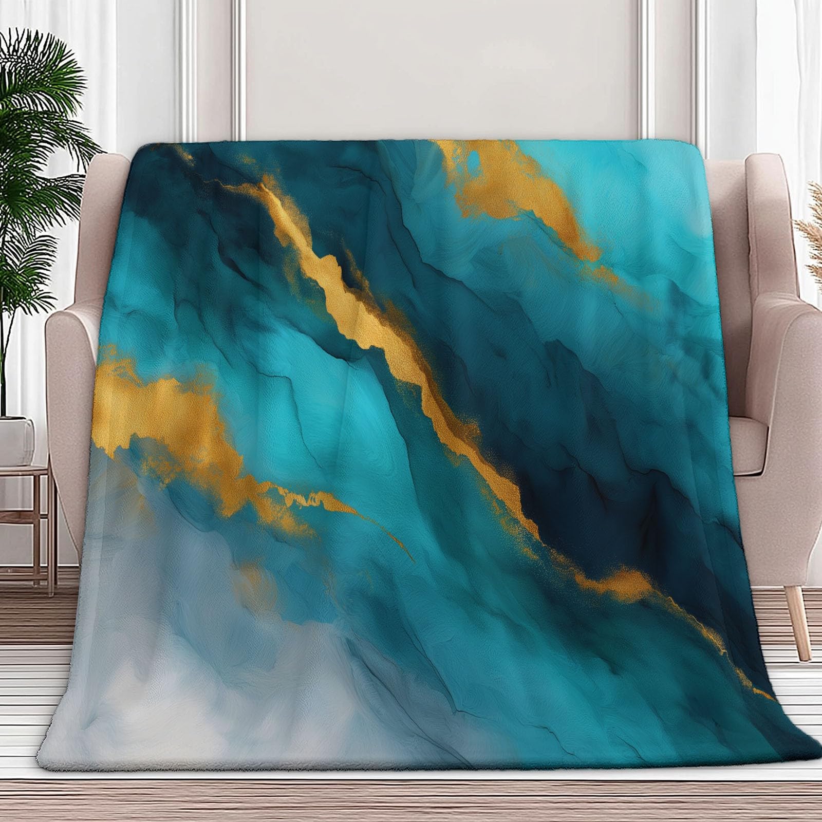 Jeté de canapé design marbre bleu-vert idée cadeau maison plaid doux