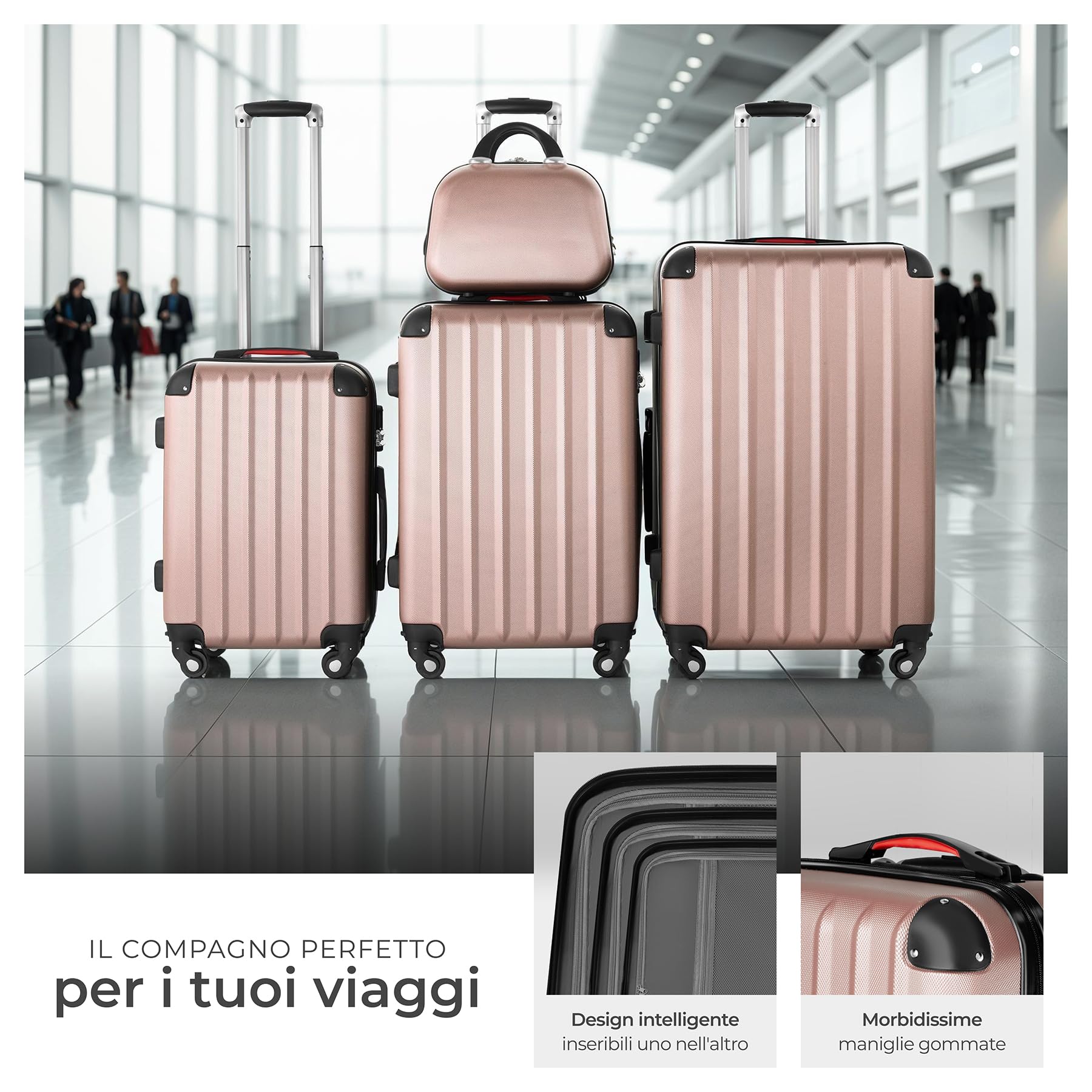 tectake® Set Valigie Pucci, Set di Valigie con Rotelle Girevoli a 360°, Beauty Case Incluso, Trolley da Viaggio, Serratura di Sicurezza, Adatto per Tutti i Tipi di Viaggi - Rosa Dorato