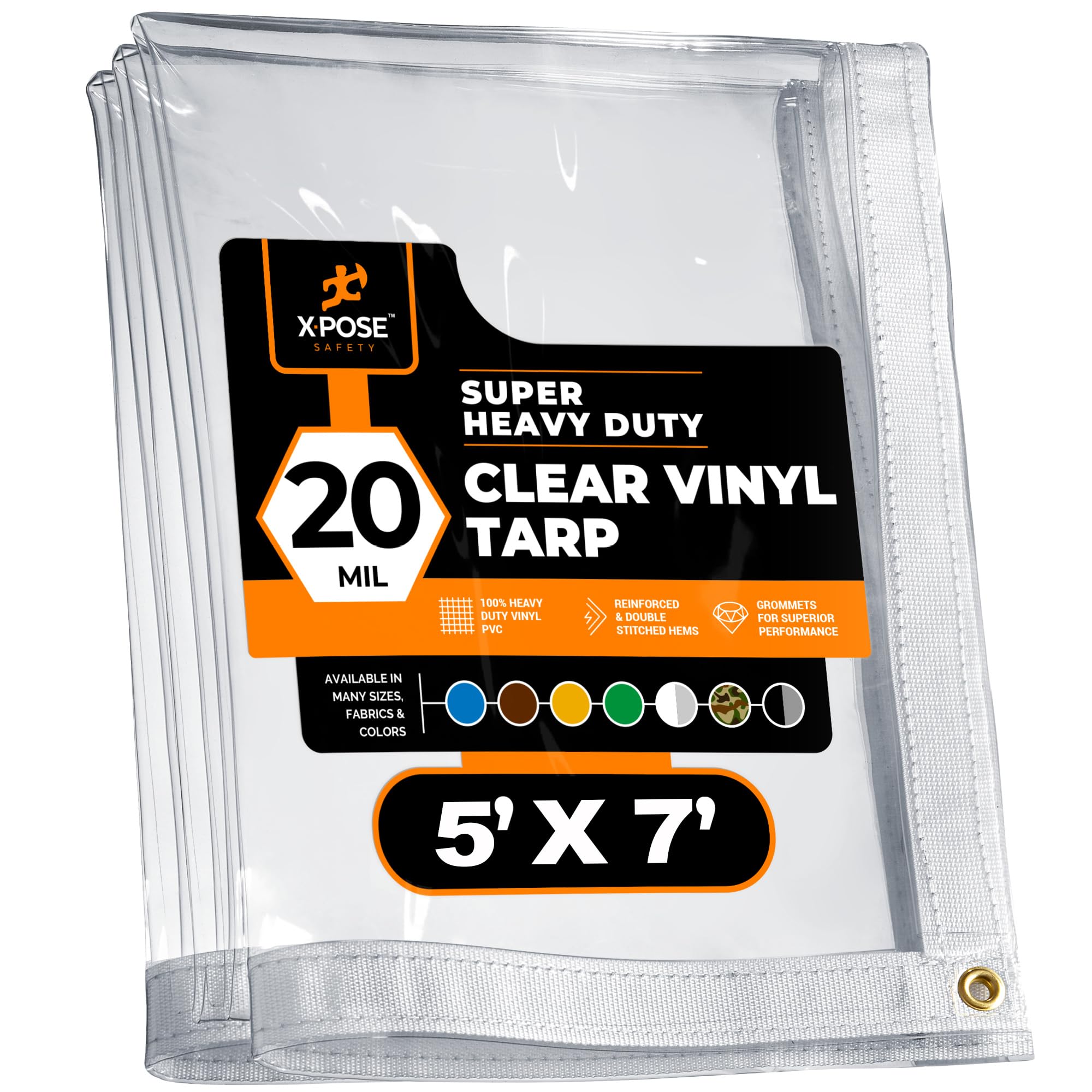 5' x 7' Clear Vinyl Tarp - Super Heavy Duty 20 Mil Transparent Waterproof PVC Tarpaulin with Brass Grommets - for Patio Enclosure, Camping, Outdoor Tent Cover, Porch Canopy - by Xpose Safety