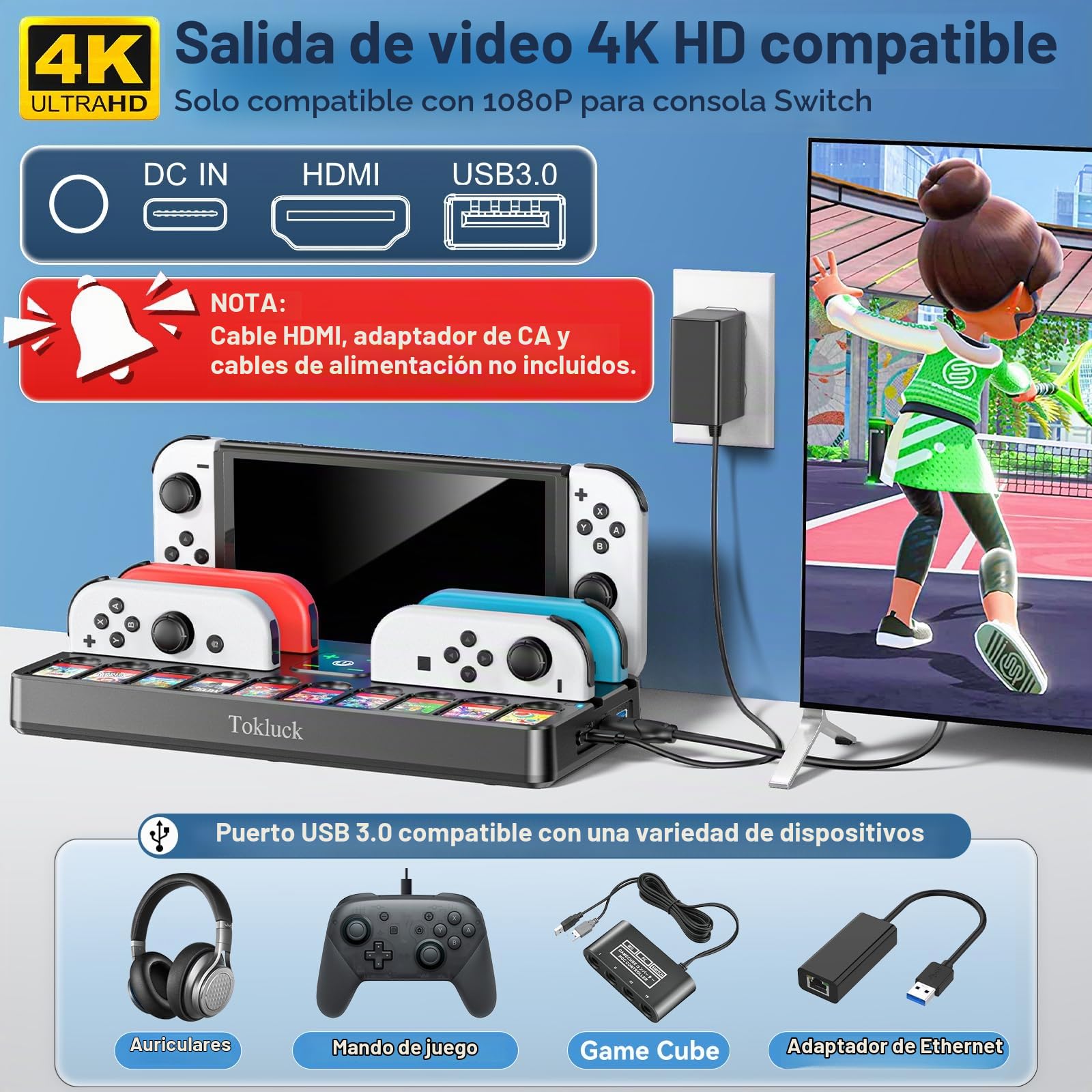 Switch TV Dock para Nintendo Switch/OLED con Base de Carga para Joycon, Soporte para Nintendo Switch con Adaptador HDMI, Puerto USB 3.0 y Accesorio para 10 Tarjetas de Juego, No para Switch2