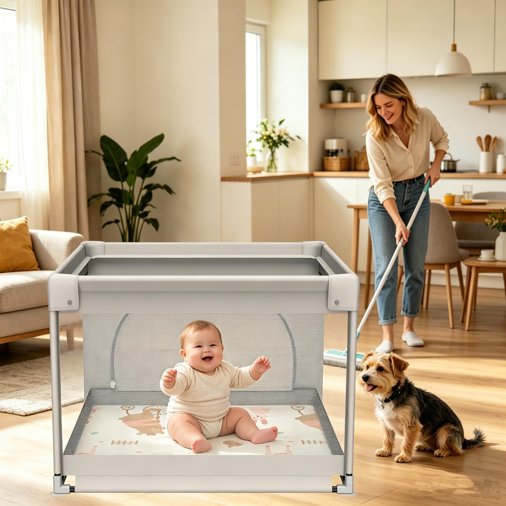 90x90cm Box Bambini con Materassino,Recinto per Bambini con Tappeto Schiuma, Piccolo Box Neonato per Appartamento, Recinto Neonato Centro di Attività Interno ed Esterno