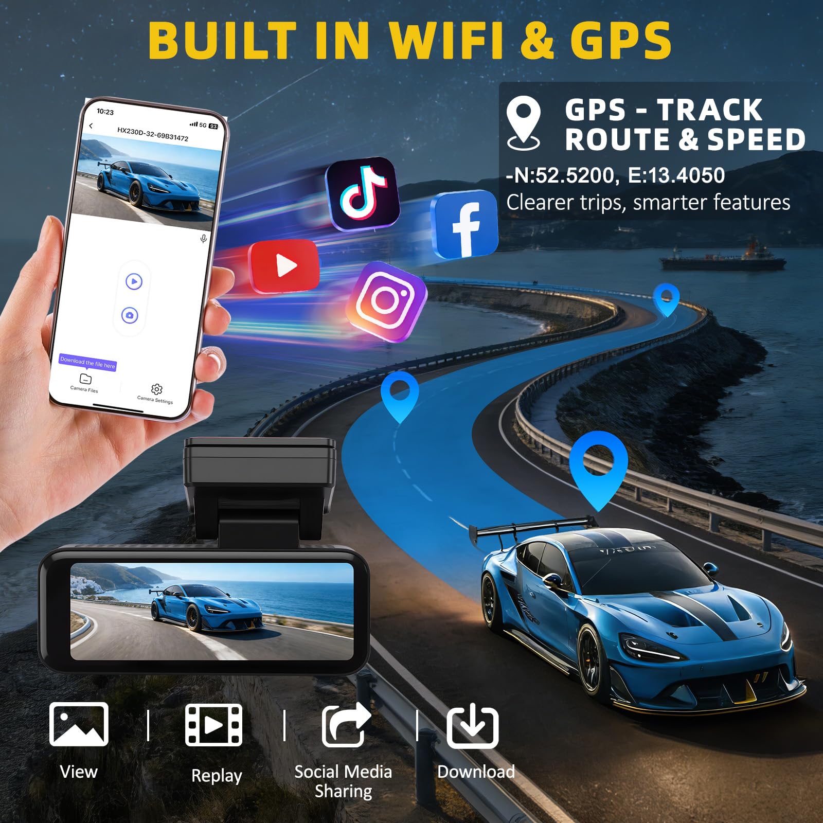 Caméra embarquée, grand angle de 170°, 4K + 2K avant et arrière à l'intérieur, carte 64 Go incluse, contrôle WiFi et application, mode stationnement 24 heures