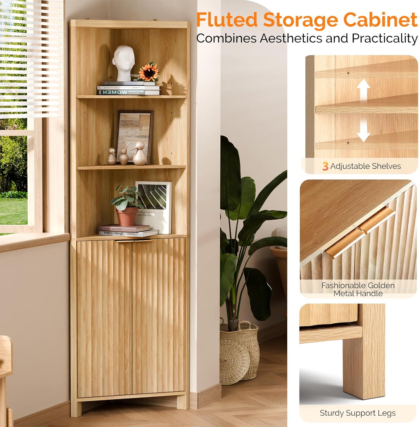 VINGLI Corner Cabinet with adjustable shelves, golden metal handles, and sturdy support legs. The image highlights the adjustable shelves with arrows indicating vertical movement.