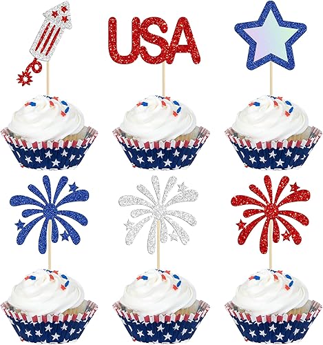 24 piezas de decoración patriótica para cupcakes del Día de la Independencia con fuegos artificiales, estrella de fuegos artificiales, decoración de